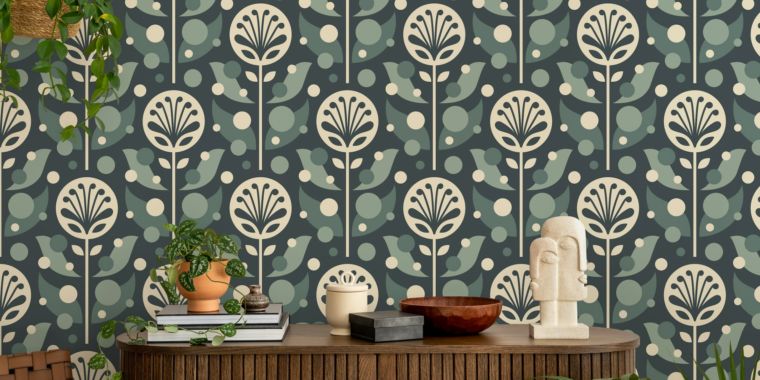 Sage green and cream floral pattern wallpaper with circles and abstract plants