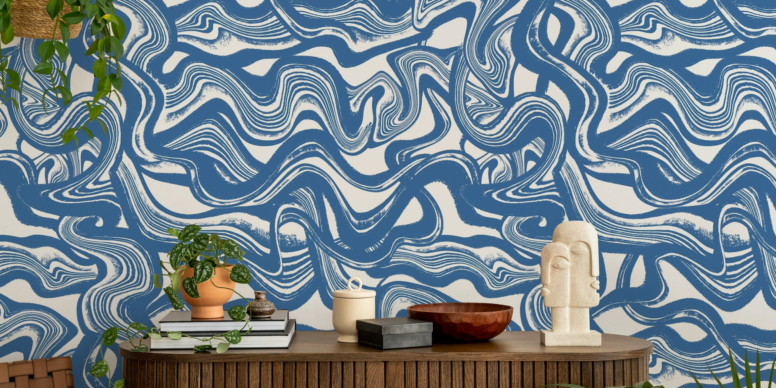 Blue Fluid Lines Tapete in einem modernen Interieur
