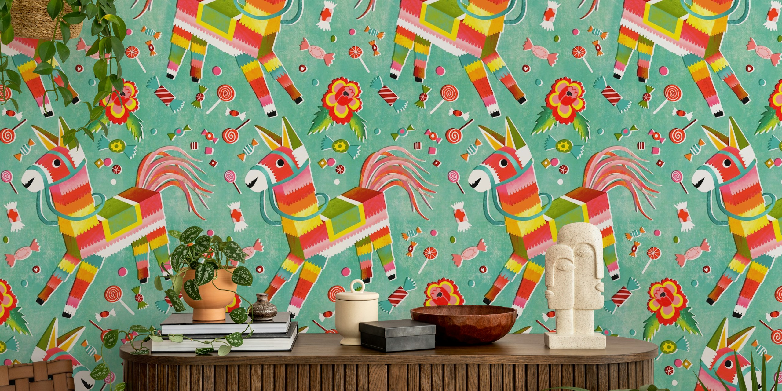 Colorful pinata horse sweets wallpaper in a room