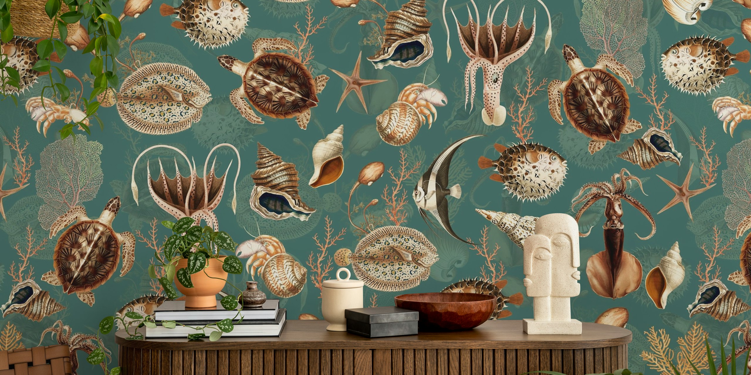 Marine life and seashells on turquoise background wallpaper