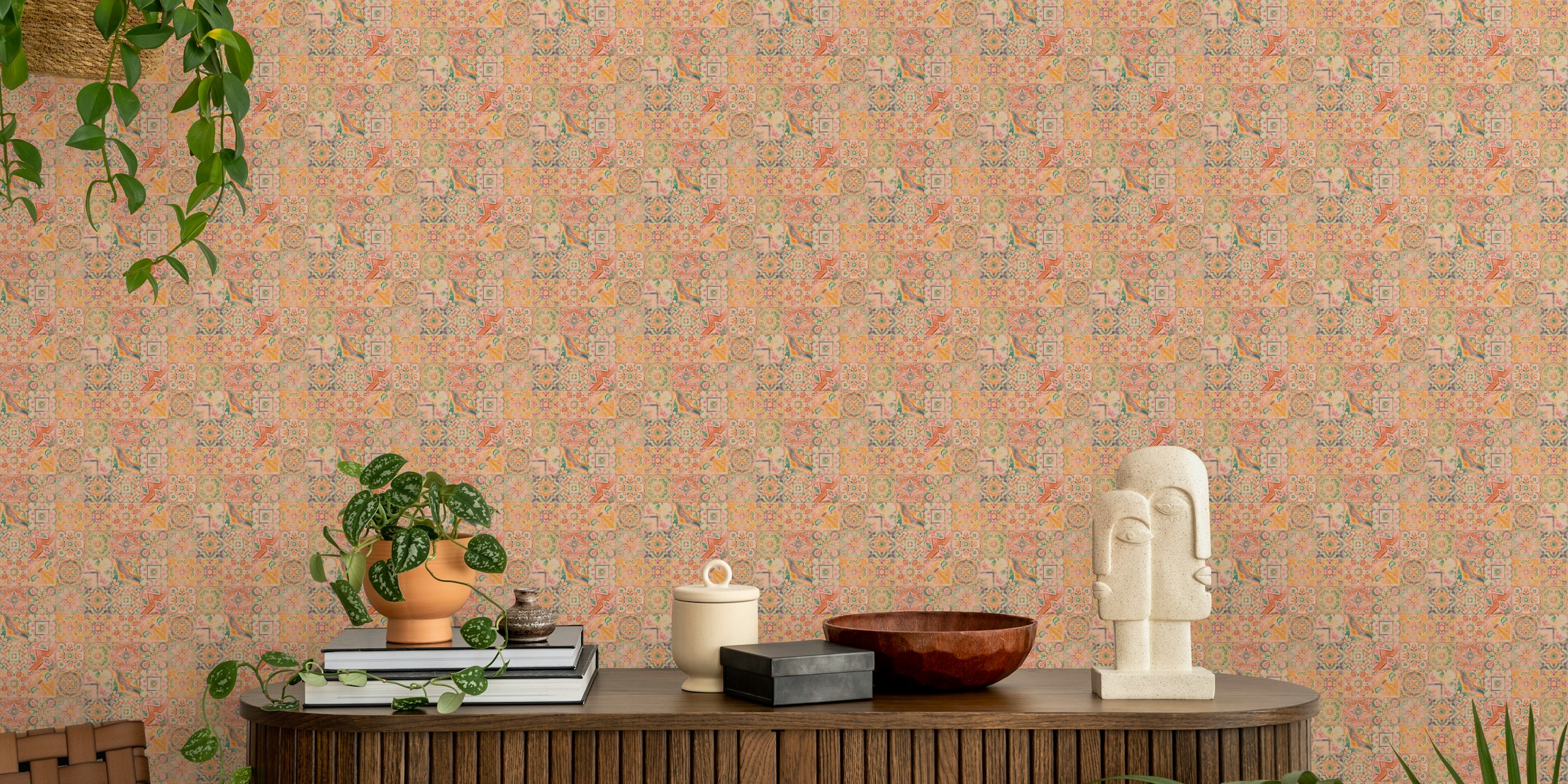 Colorful Spanish vintage tiles wallpaper in a room