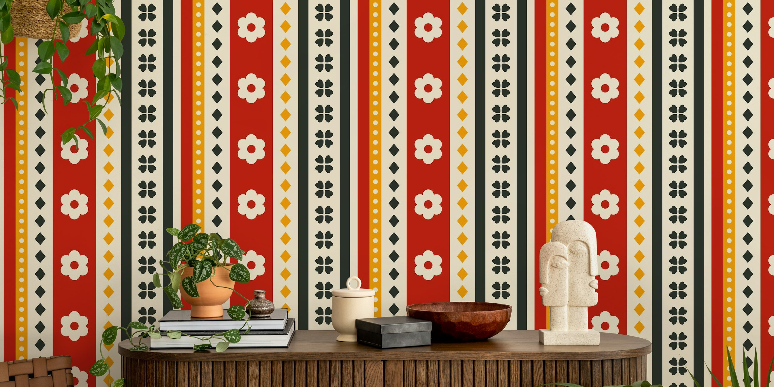 Retro Modern Flower Strips wallpaper design