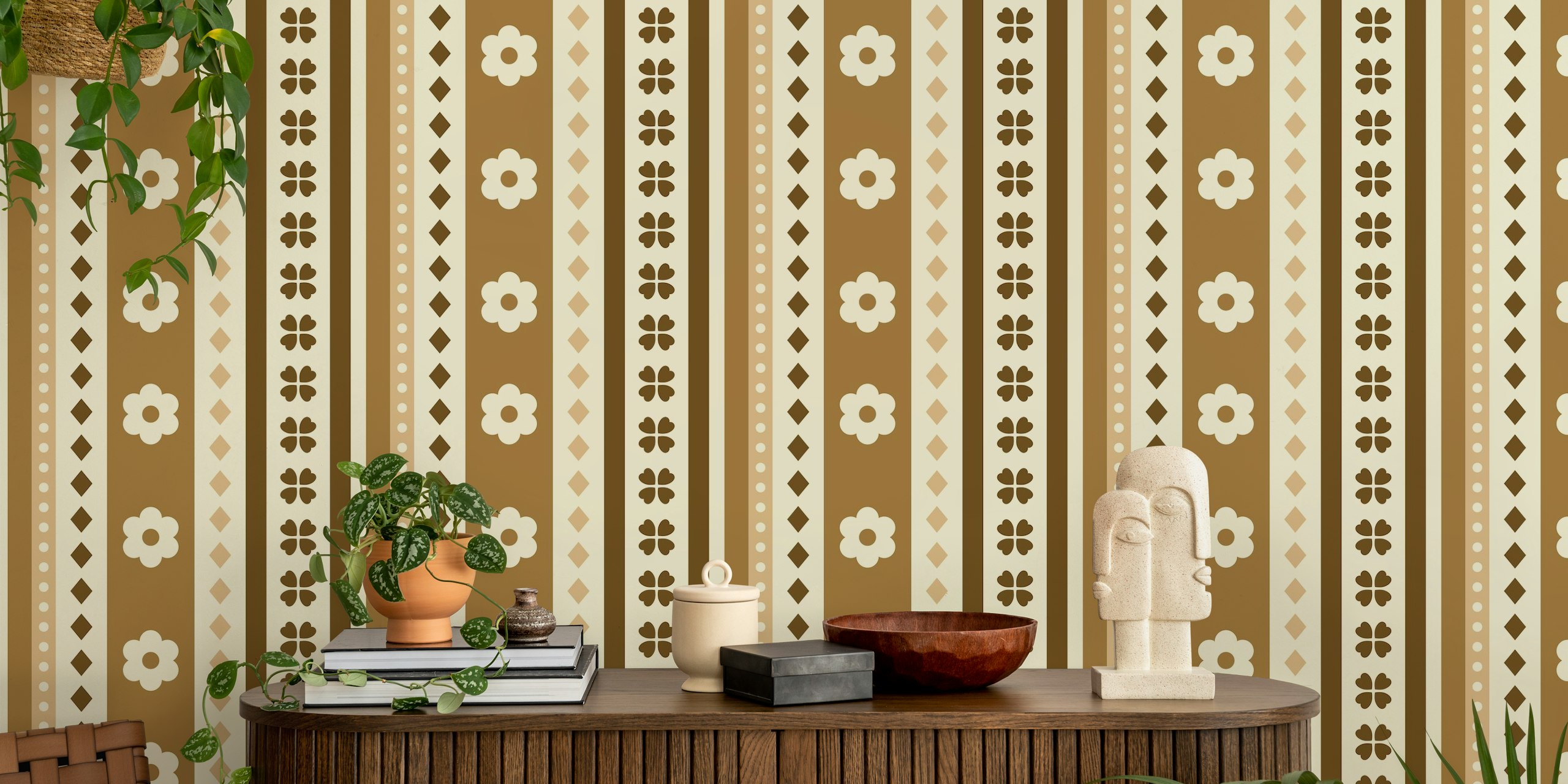 Earthy tones geo floral stripes wallpaper in a room