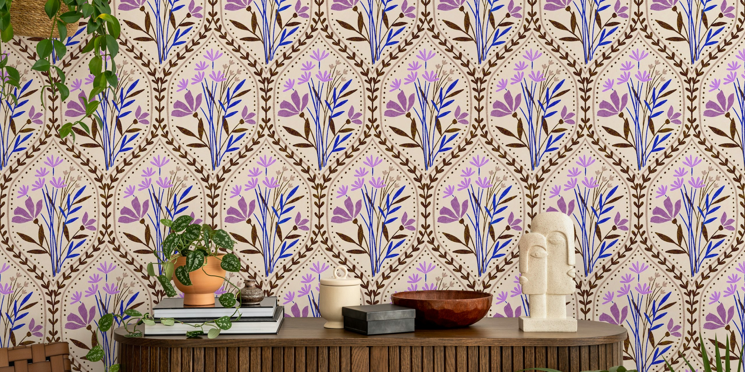Floral purple wallpaper in a room