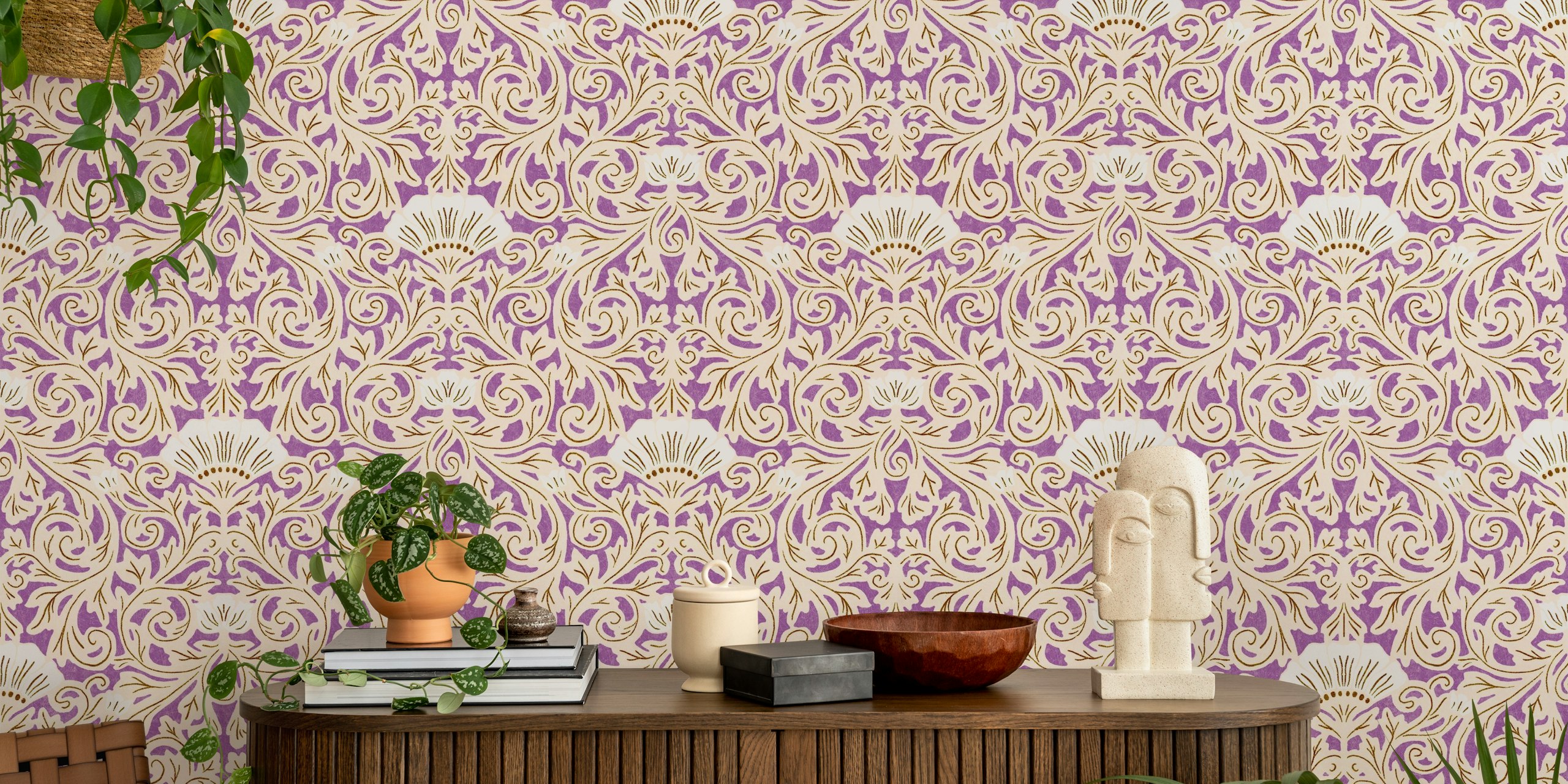 Purple patterned wallpaper in a room
