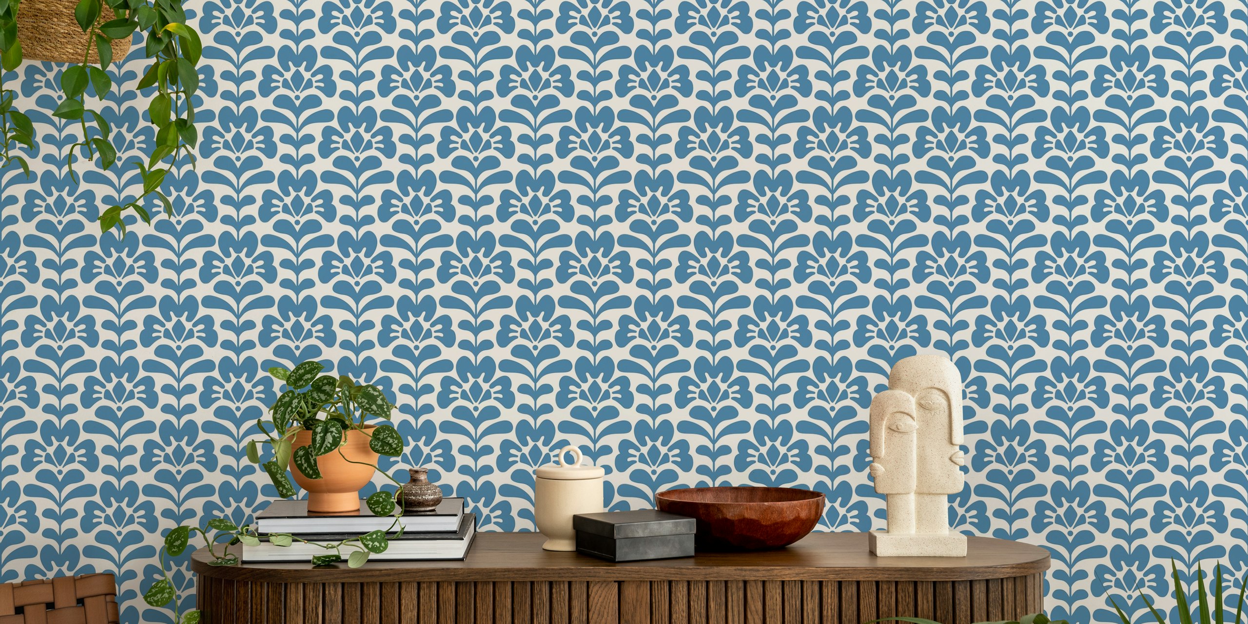 Blue floral pattern on white background wallpaper
