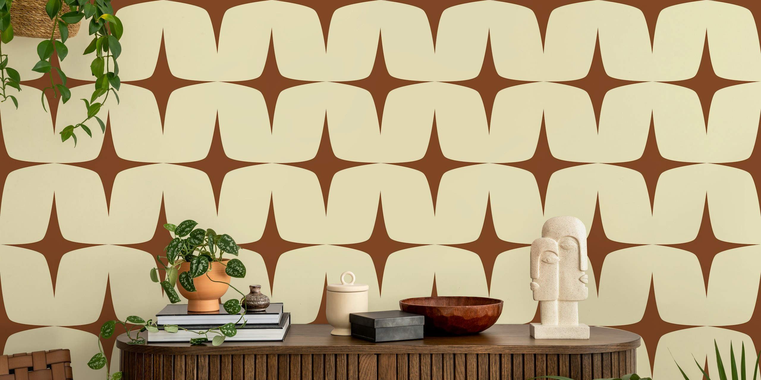 Mid century geometric starburst pattern in burnt umber and ivory wallpaper