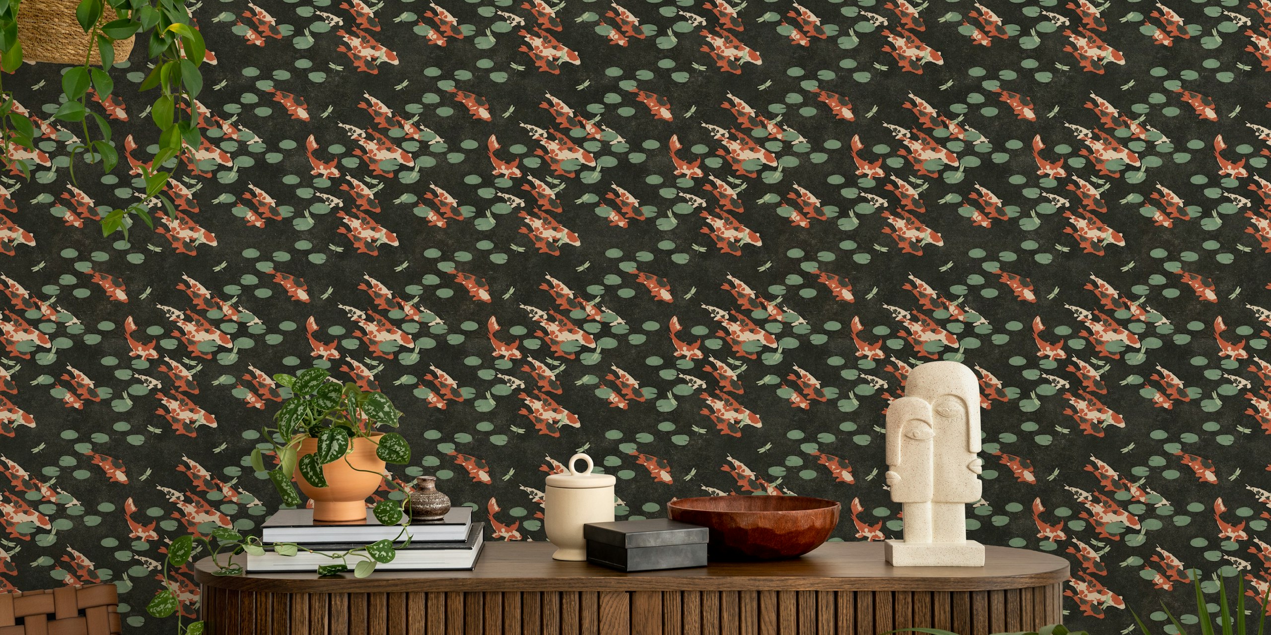 Koi fish and dragonflies on a black and green background wallpaper