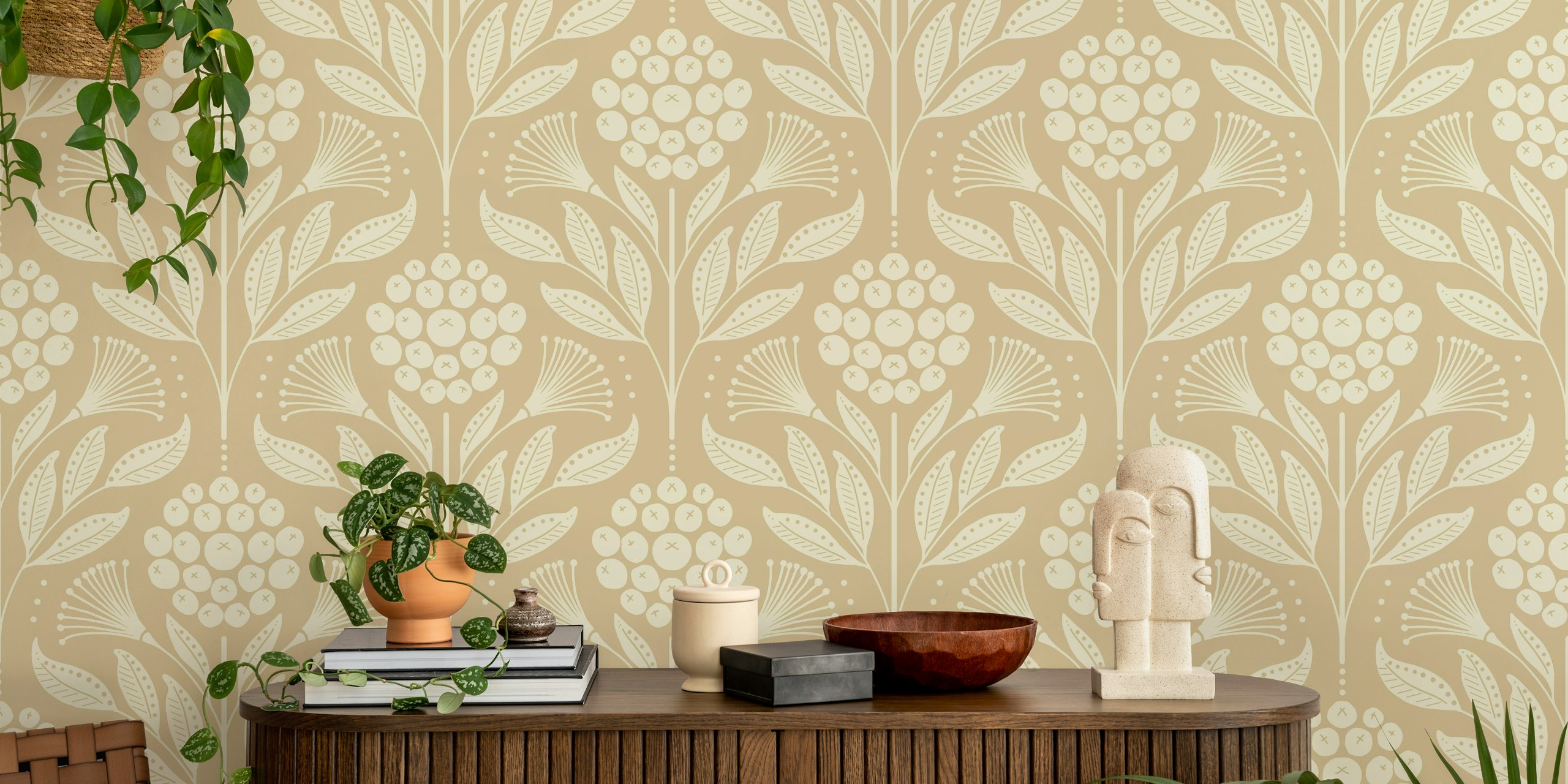 Floral and leaf patterns in beige and cream Boho wallpaper