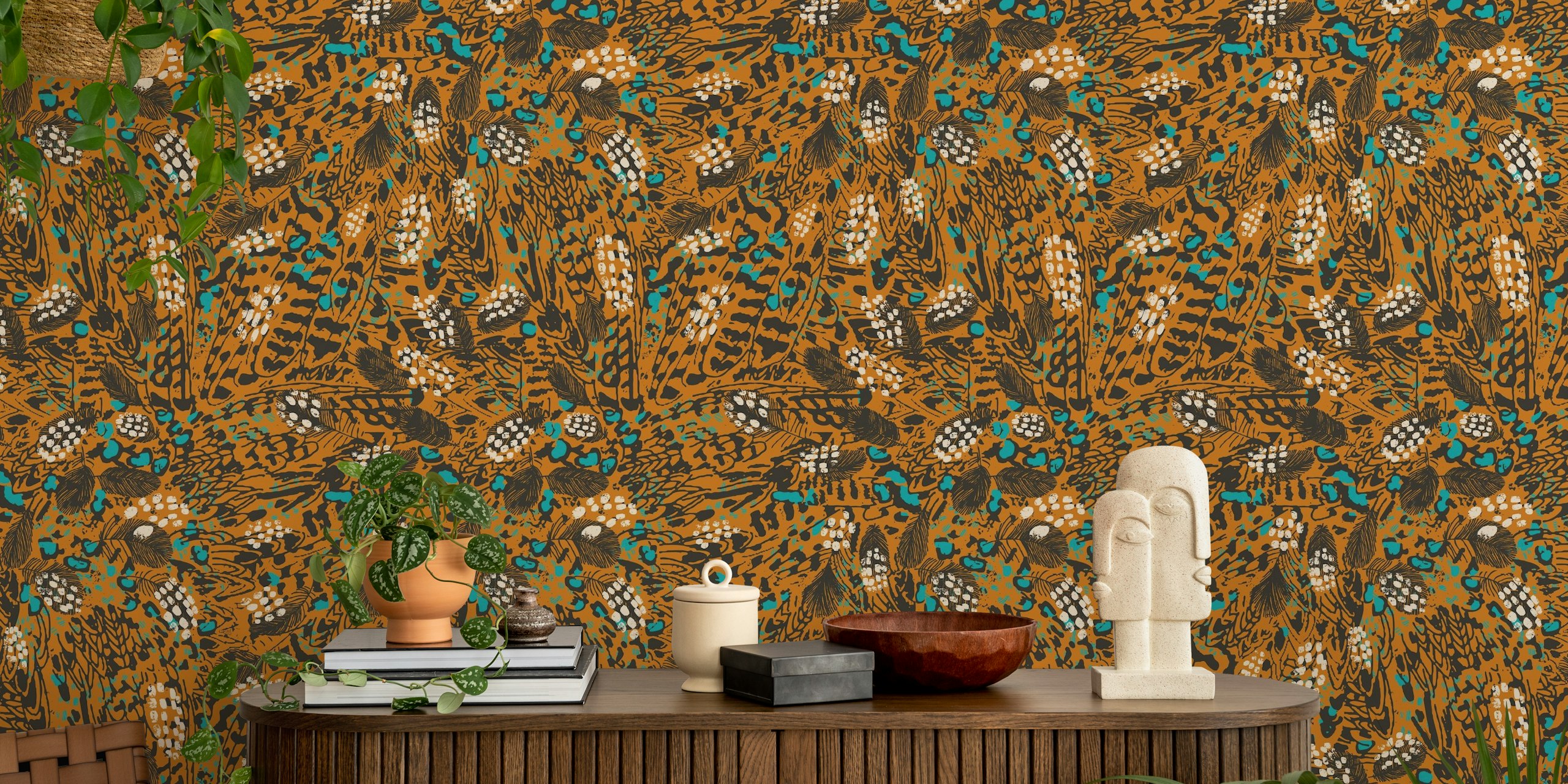 Jungle animal print wallpaper with brown, teal, and white colors in a brushstroke style