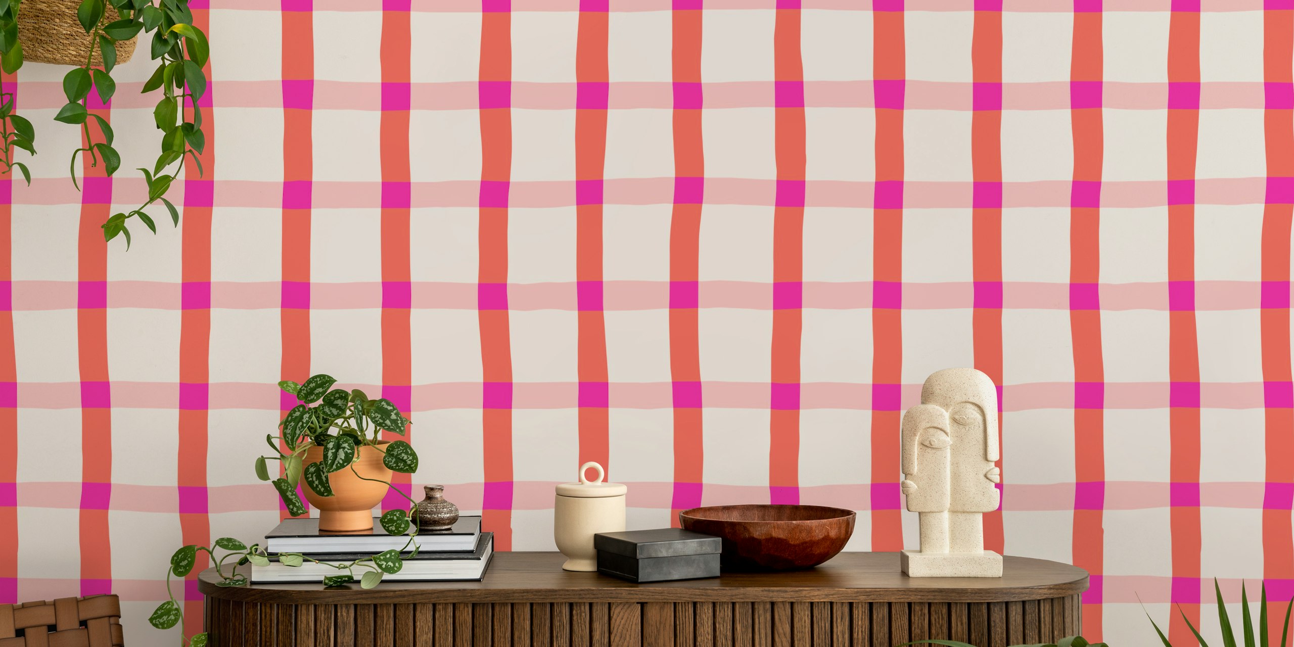 Pink and coral plaid pattern wallpaper