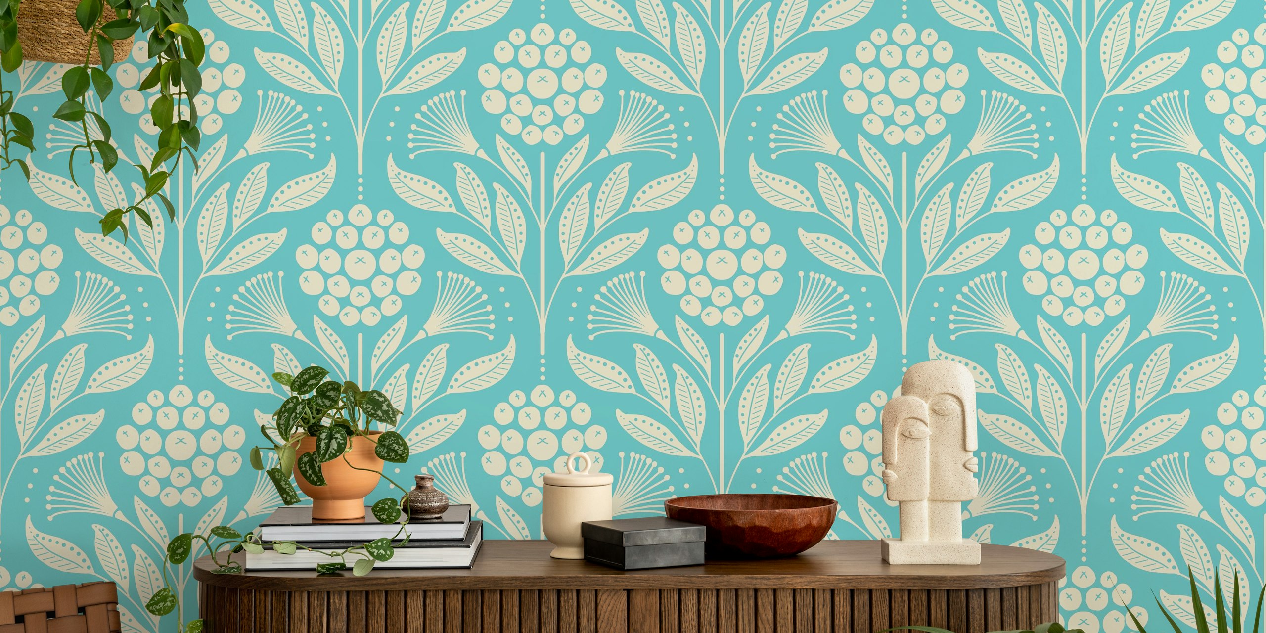 ταπετσαρία Tropical Aqua Botanica σε ένα δωμάτιο
