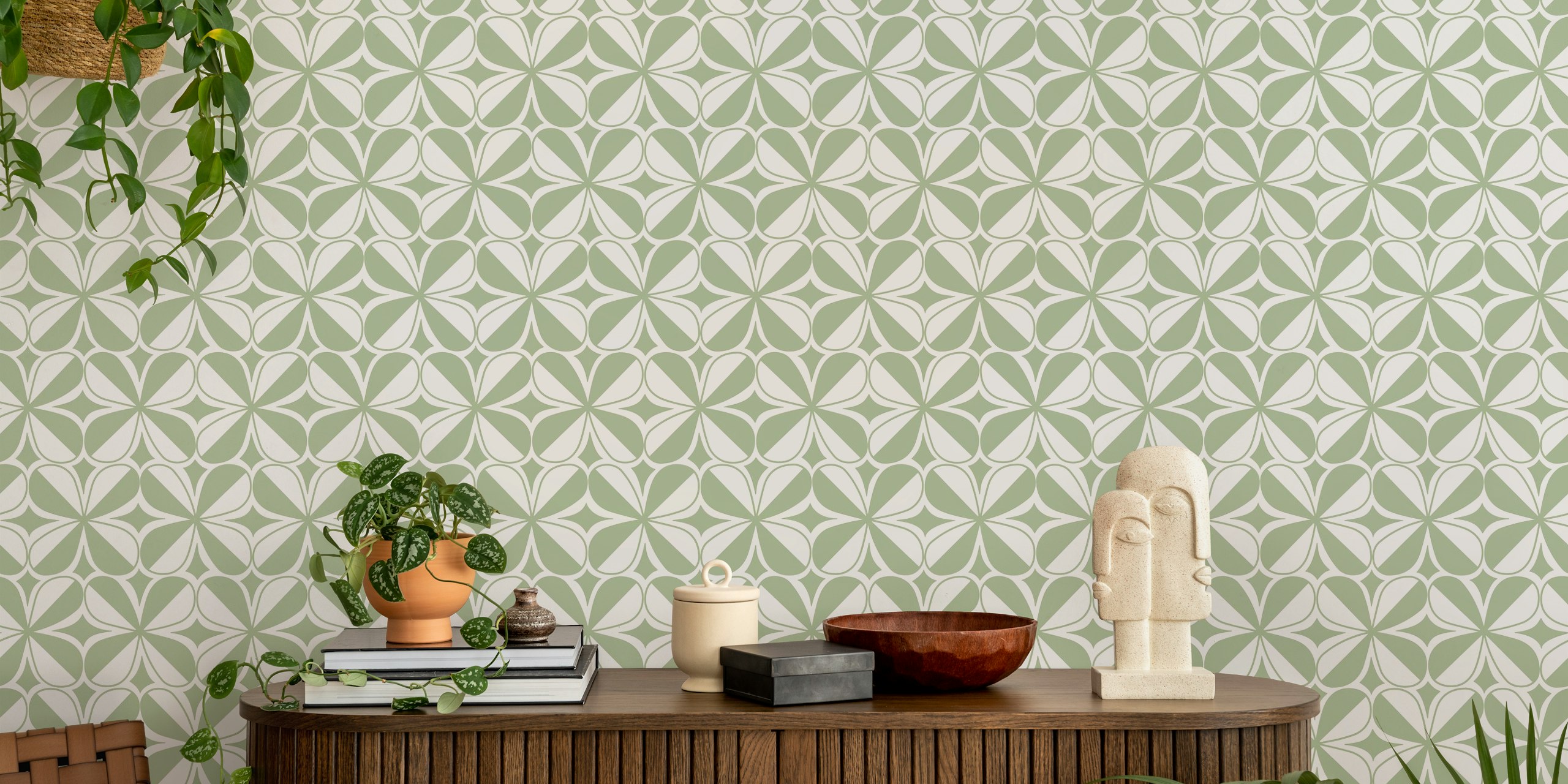 Mosaic Flower - Green wallpaper design in a room