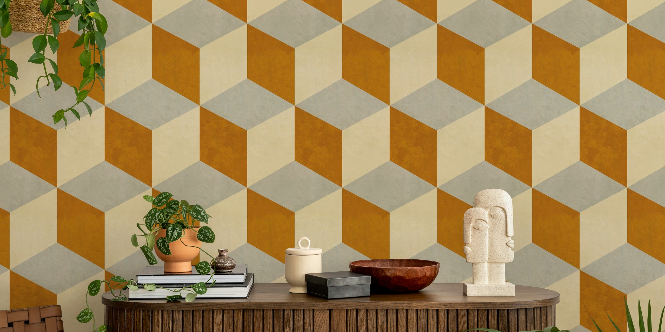 Cubes Mustard Gold Backsplashes Tapete im Raum