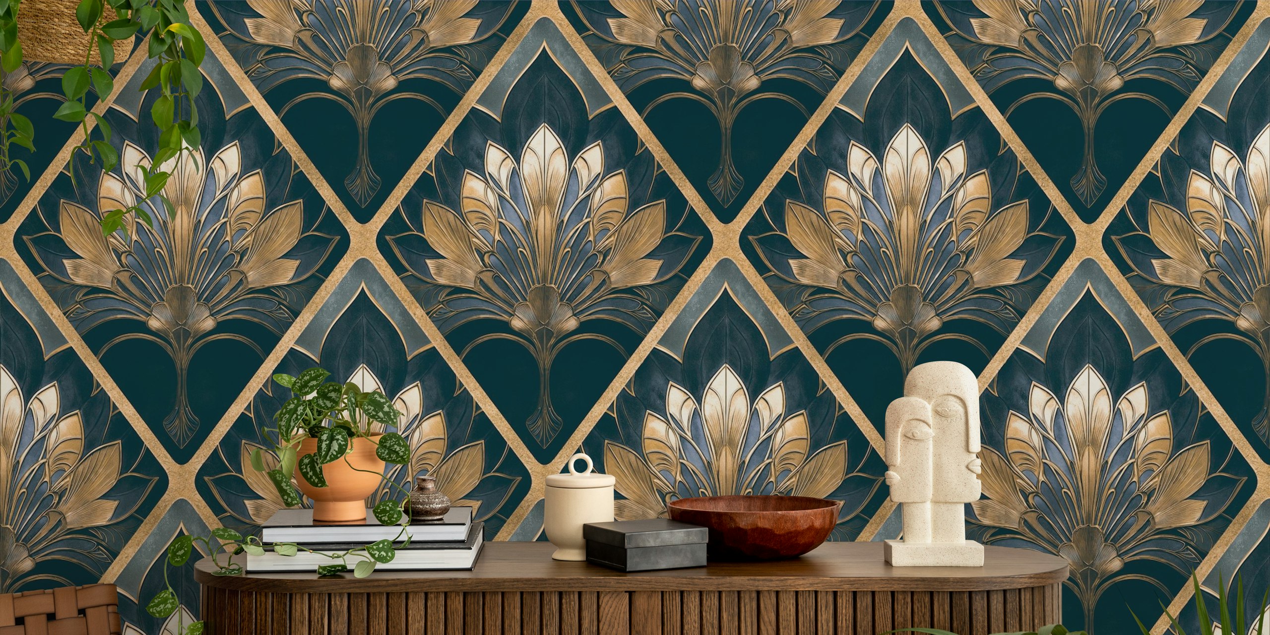 Art Deco Floral Wallpaper σε Μπλε και Χρυσό