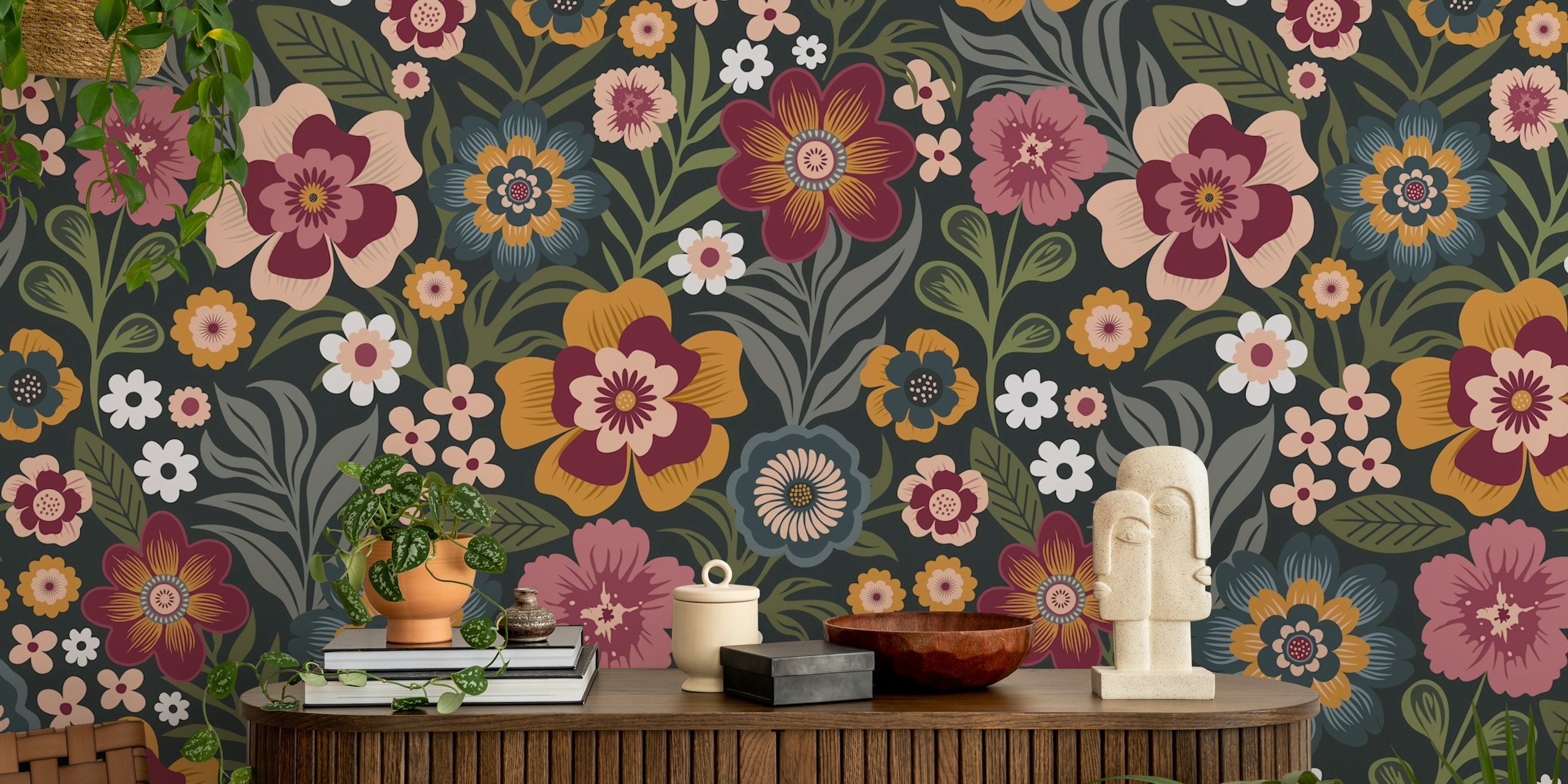 Exotic Botanical Midnight Garden Tapete in einem Raum
