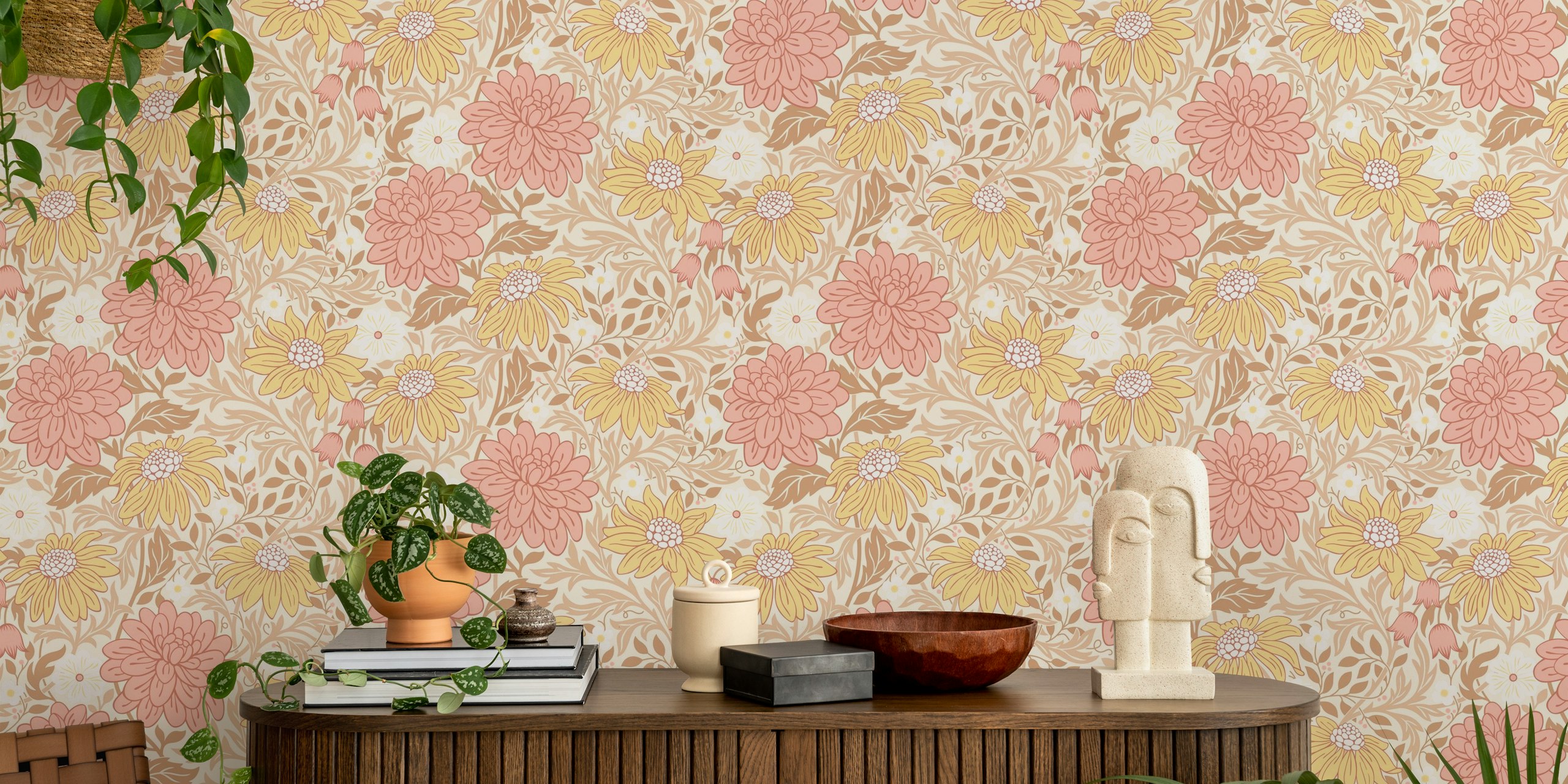 Floral wallpaper design in a room setting