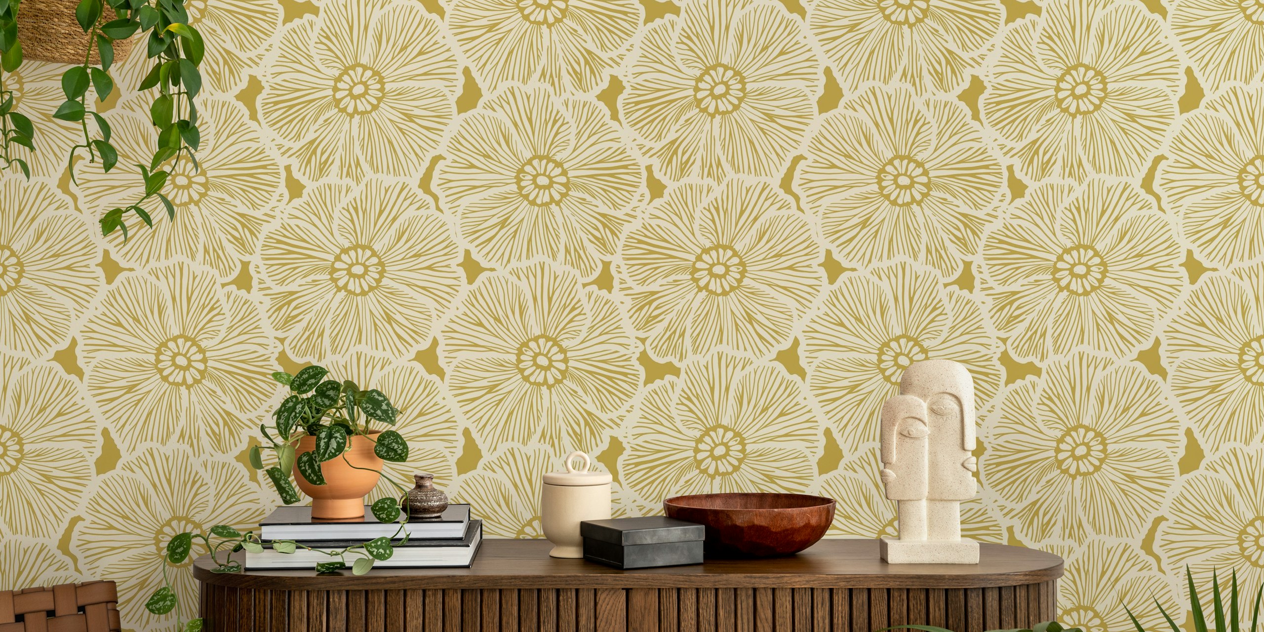 Large yellow floral patterns with detailed lines wallpaper