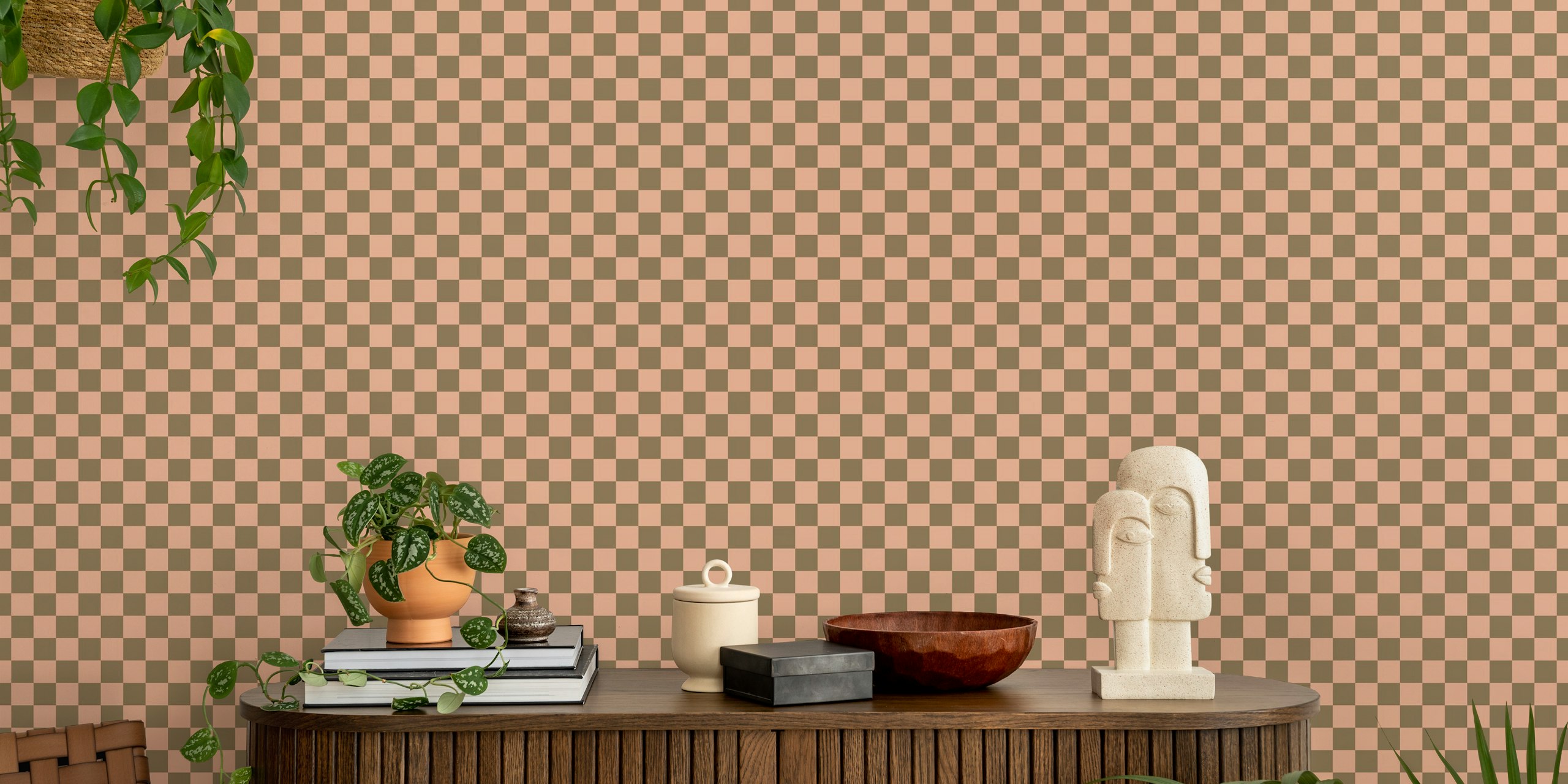 Classic check plaid wallpaper in pink and brown