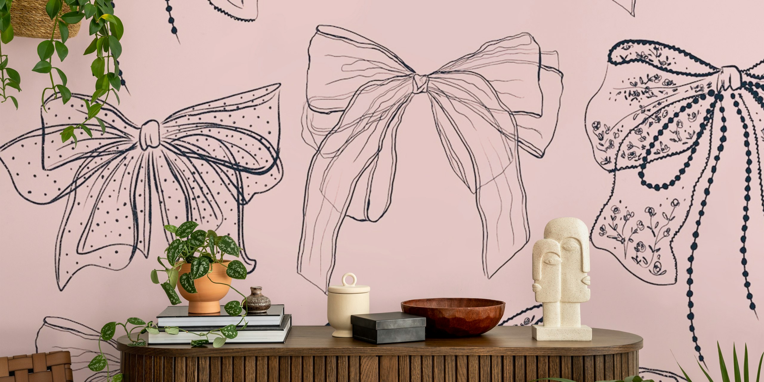 Romantic Pink Bows tapet i et rum.