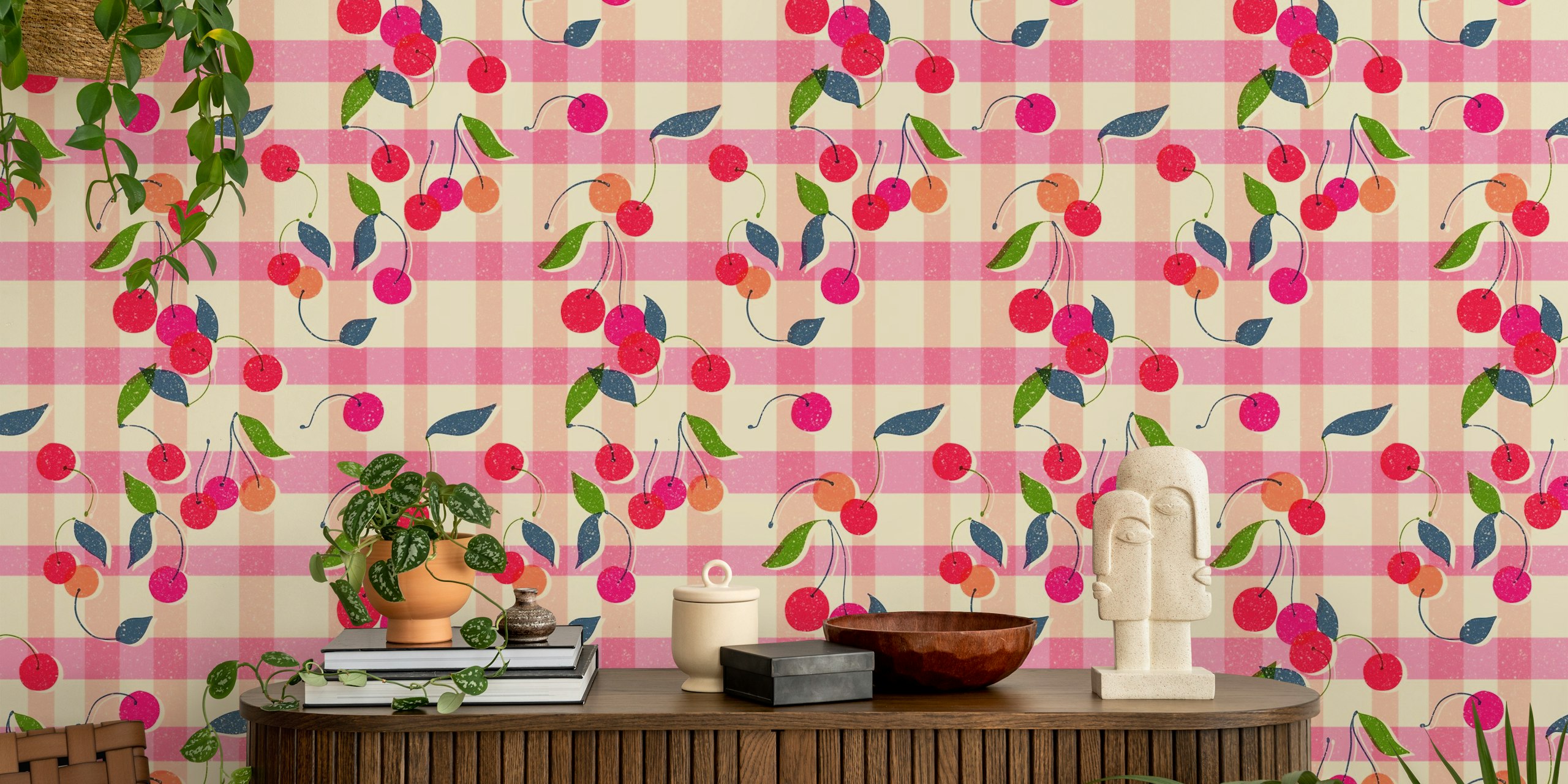 Cherry gingham pink tapet i et rom