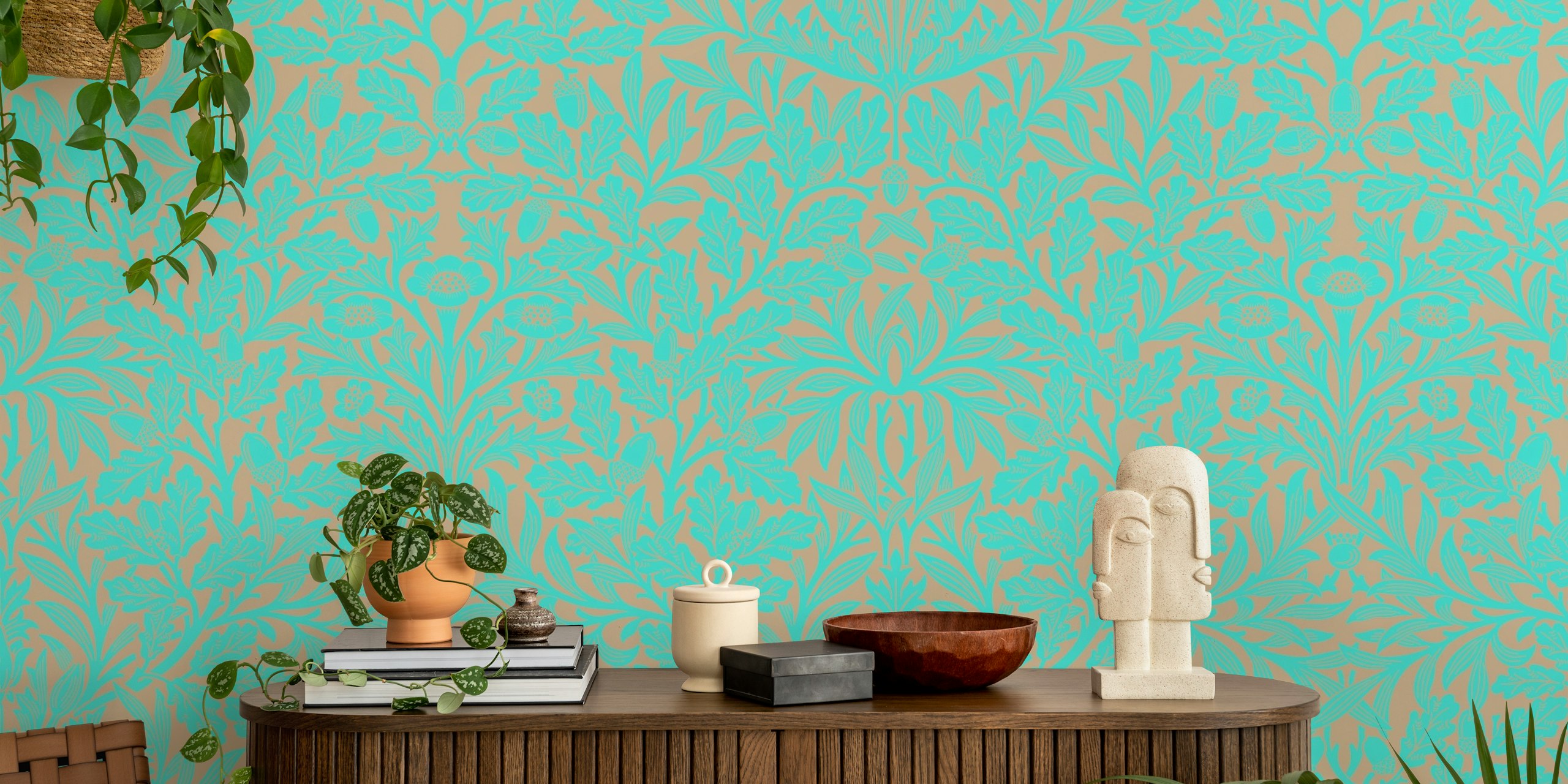 Victorian Acorn pattern wallpaper in turquoise and grey