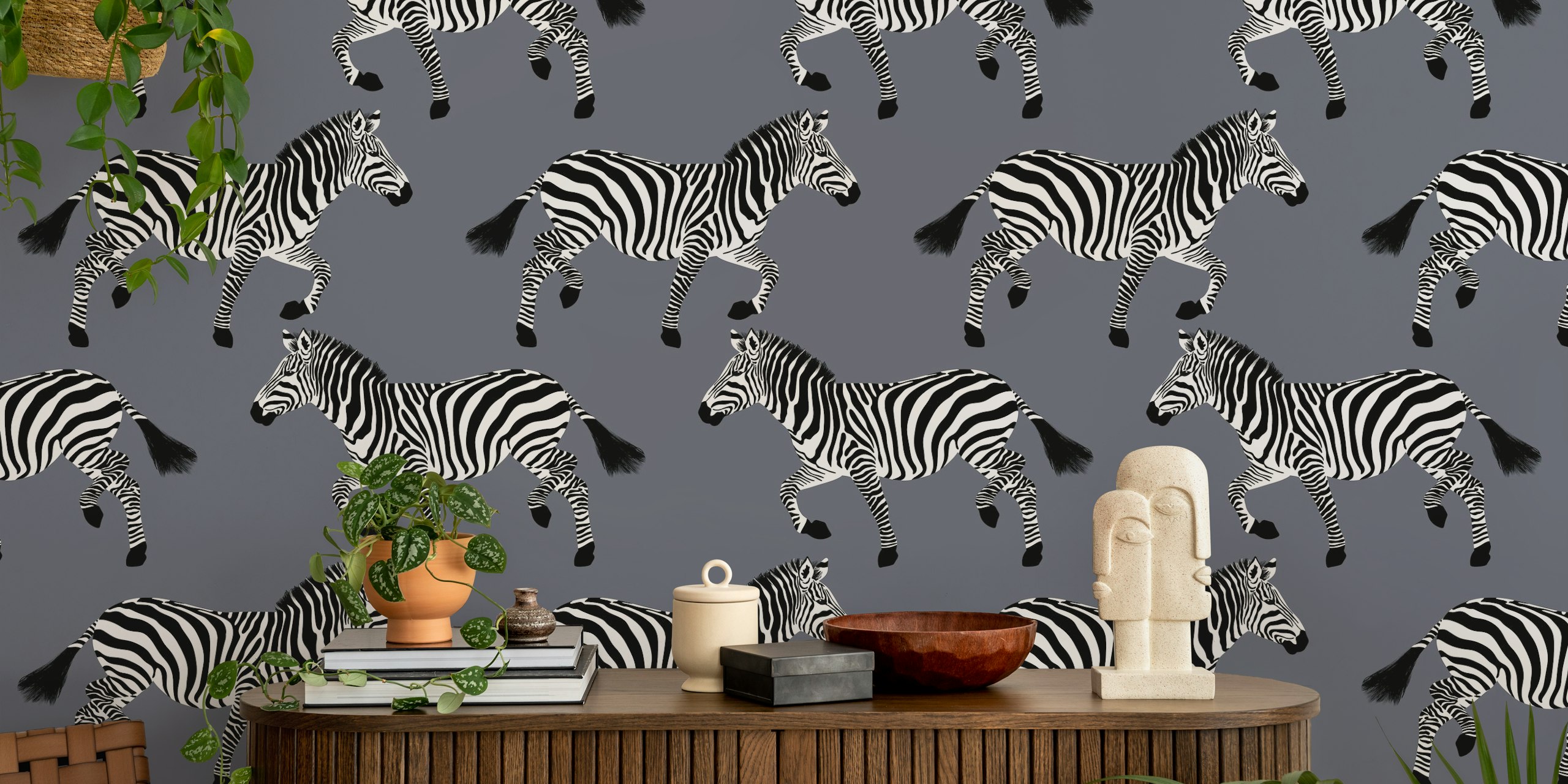 Zebra wallpaper in a modern room setting