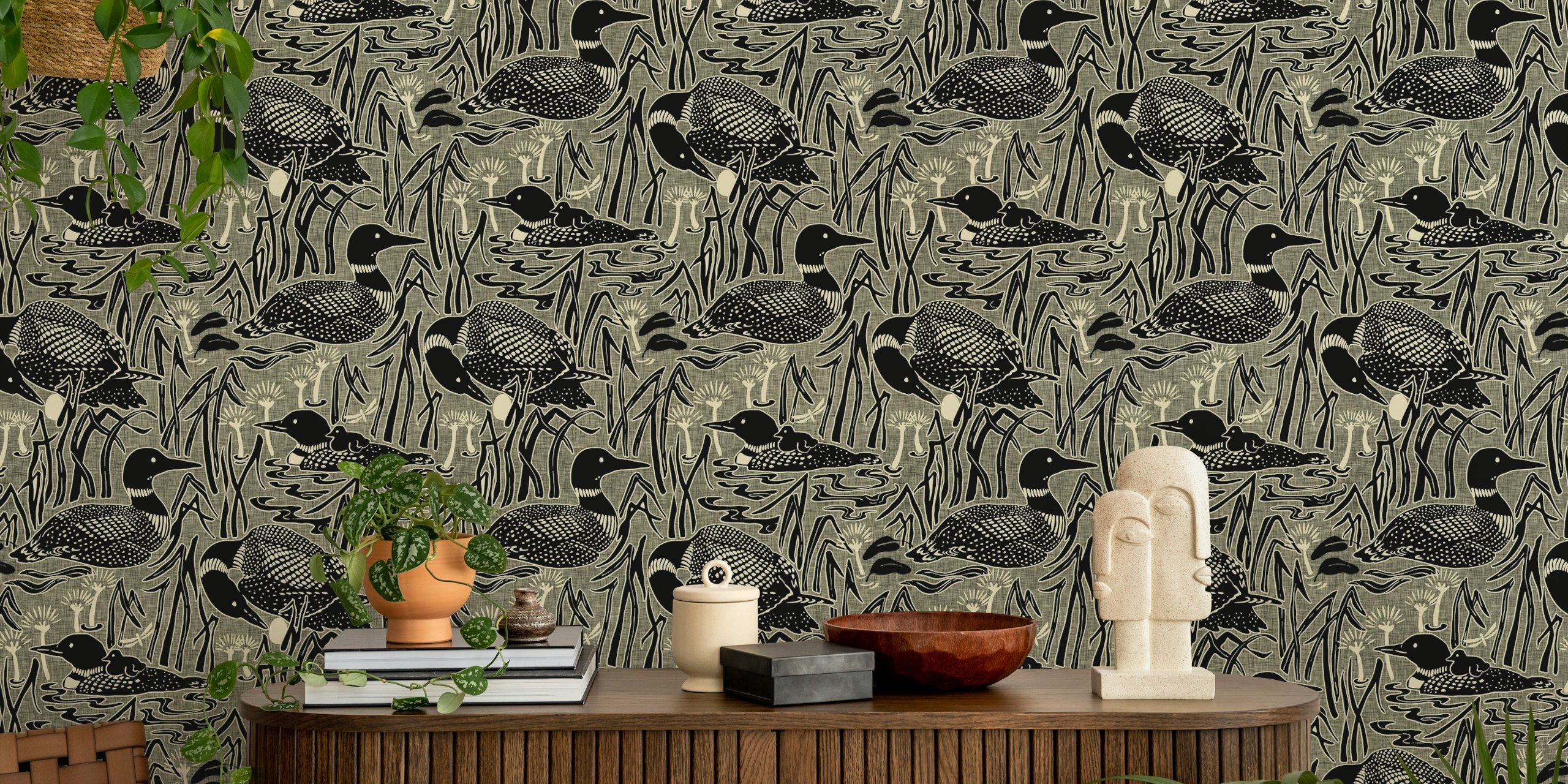 Loon birds in water surrounded by grass, black and white wallpaper