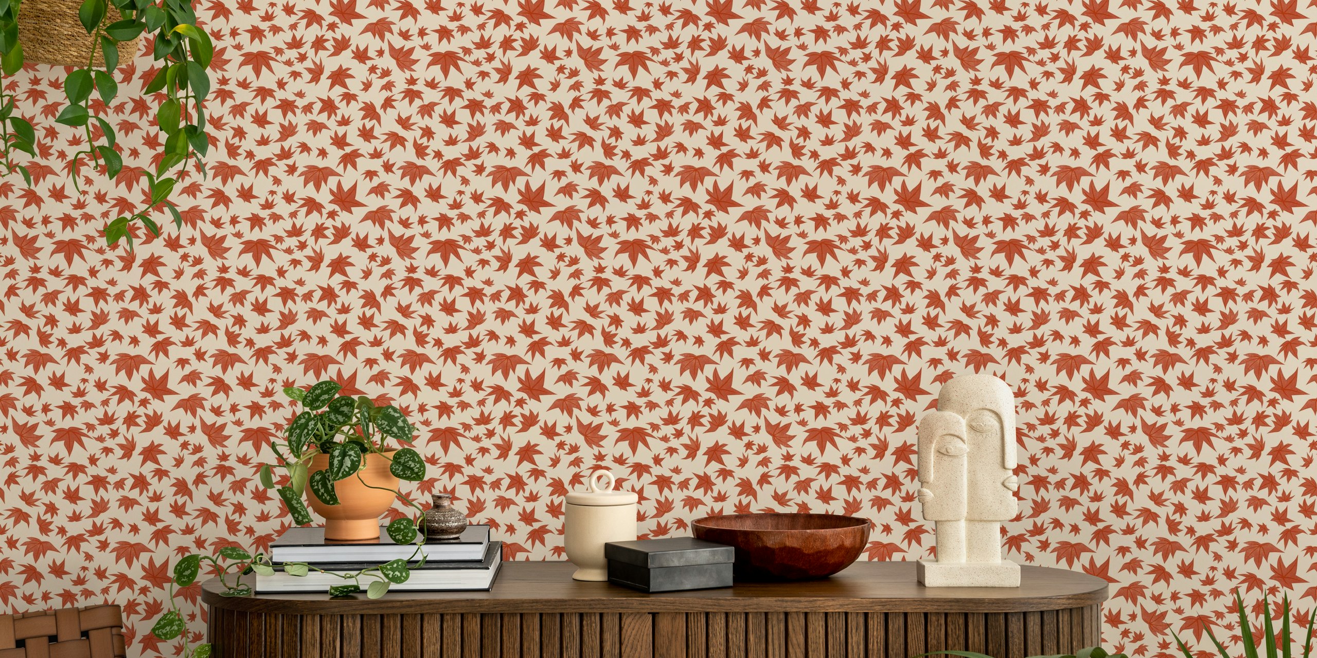 Design de papel de parede Japanese Maple Leaf em uma sala.