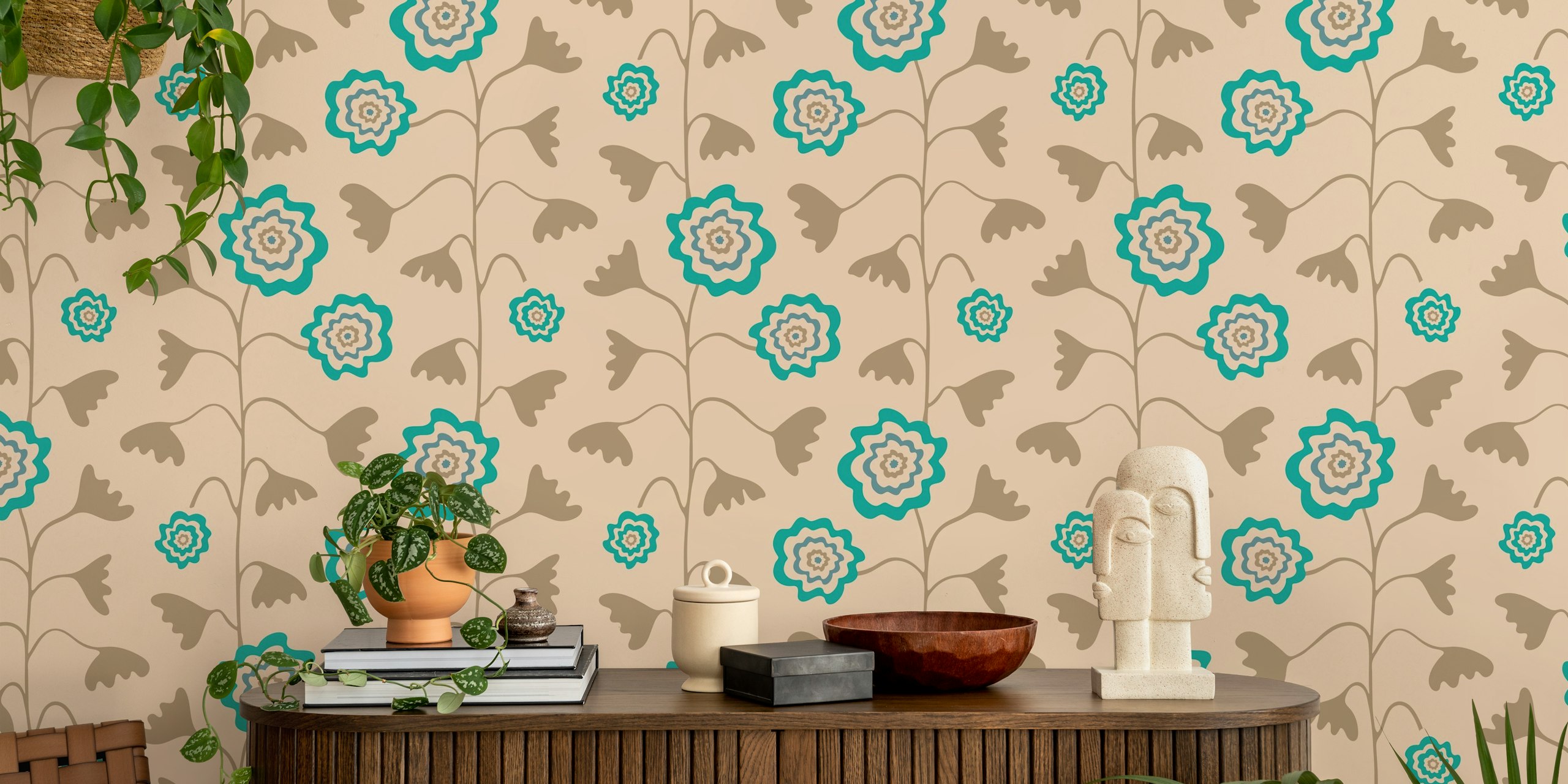Beige floral pattern with blue flowers and leaves wallpaper