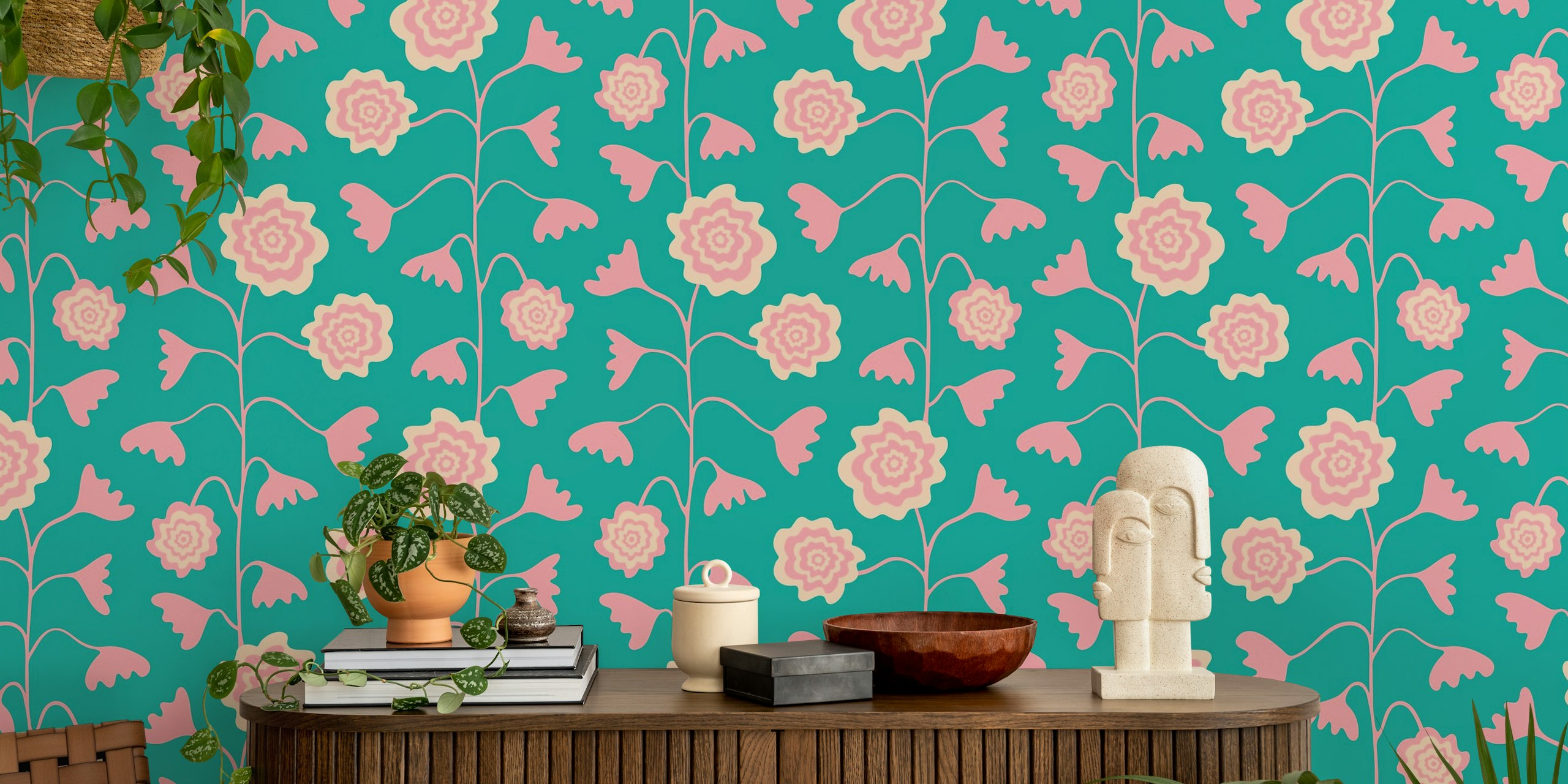 Turquoise floral wallpaper in a room