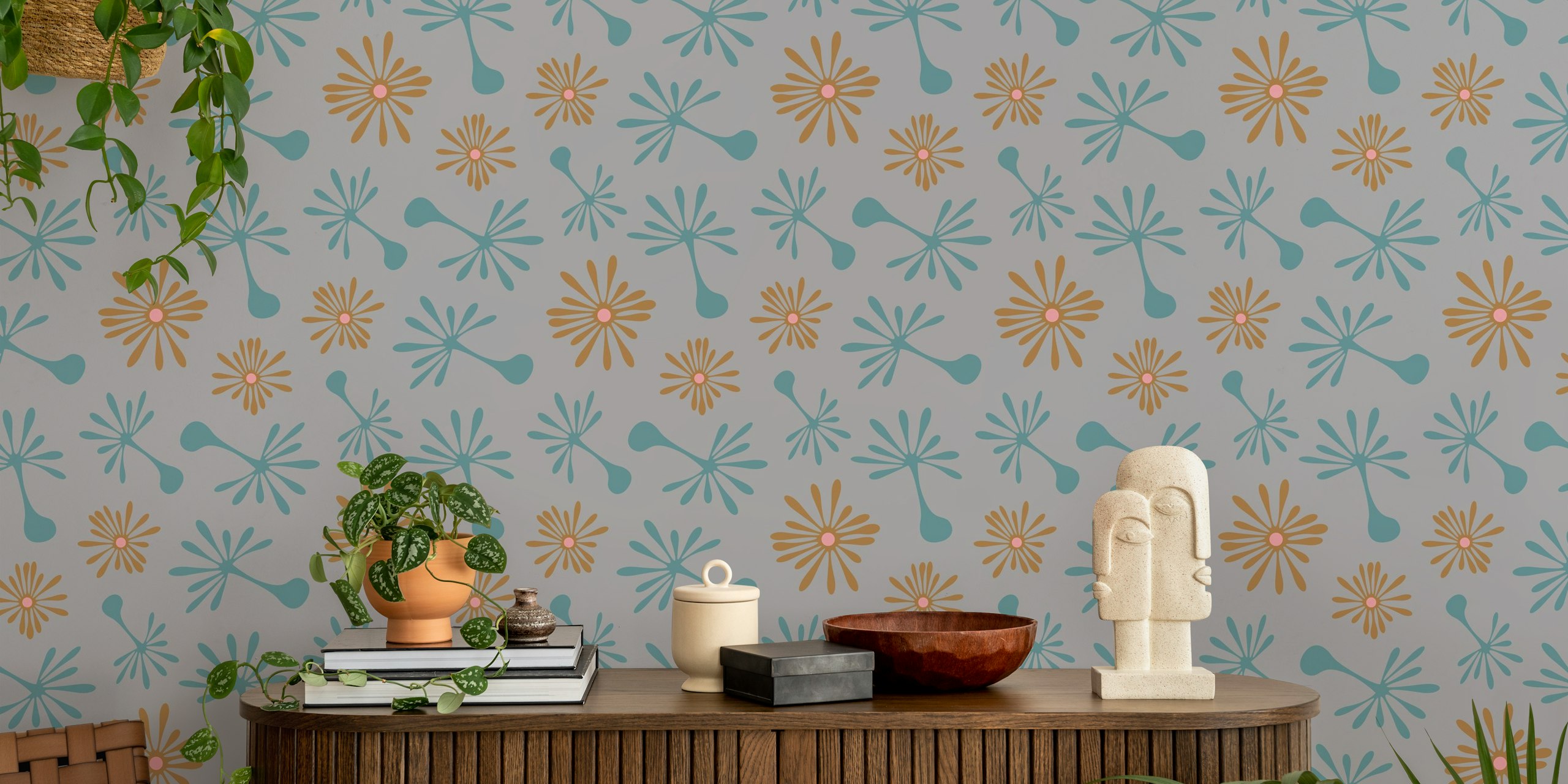 Blowing Dandelions Retro Mod Floral wallpaper em um quarto