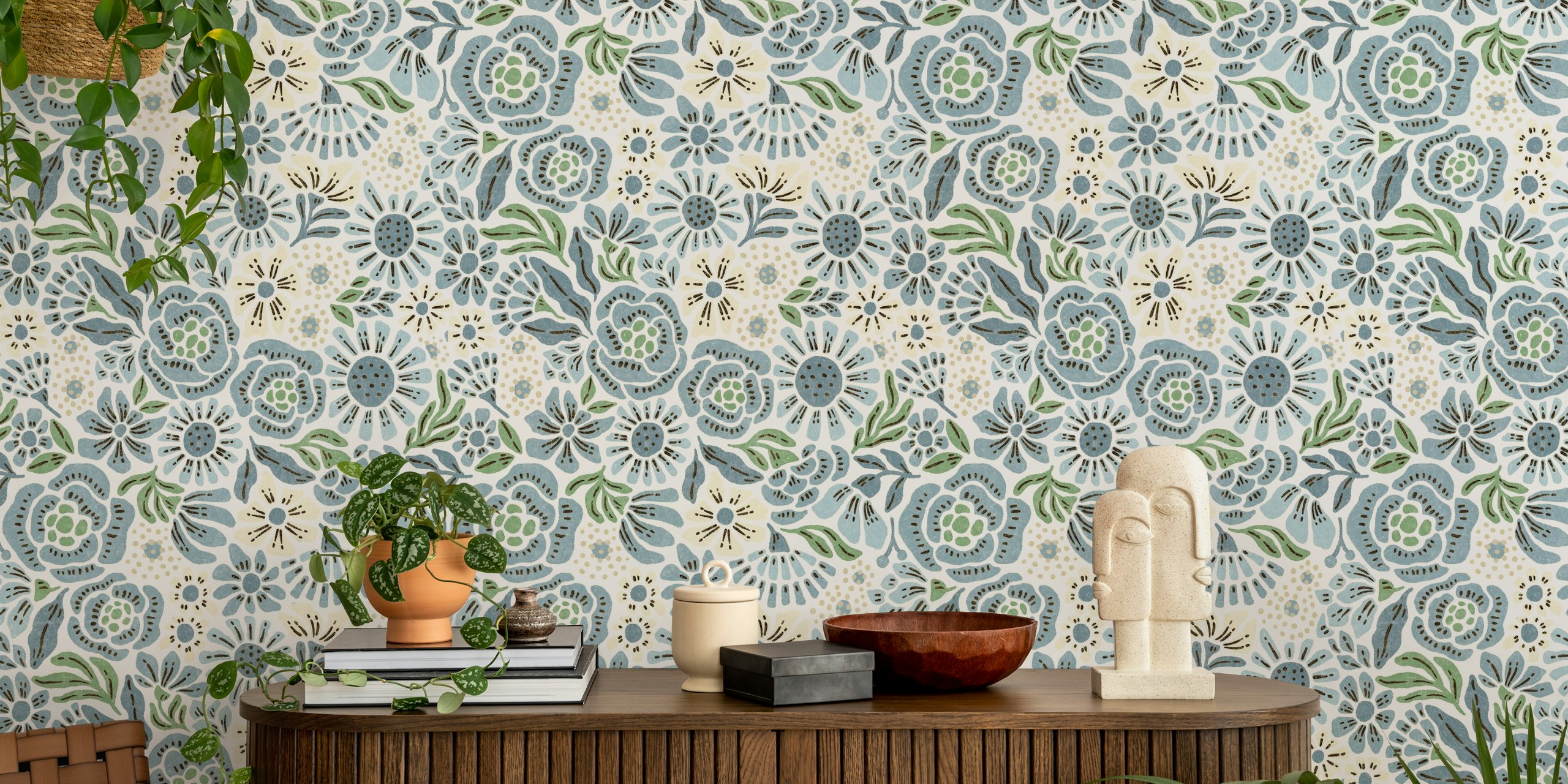 Blue and green floral wallpaper design