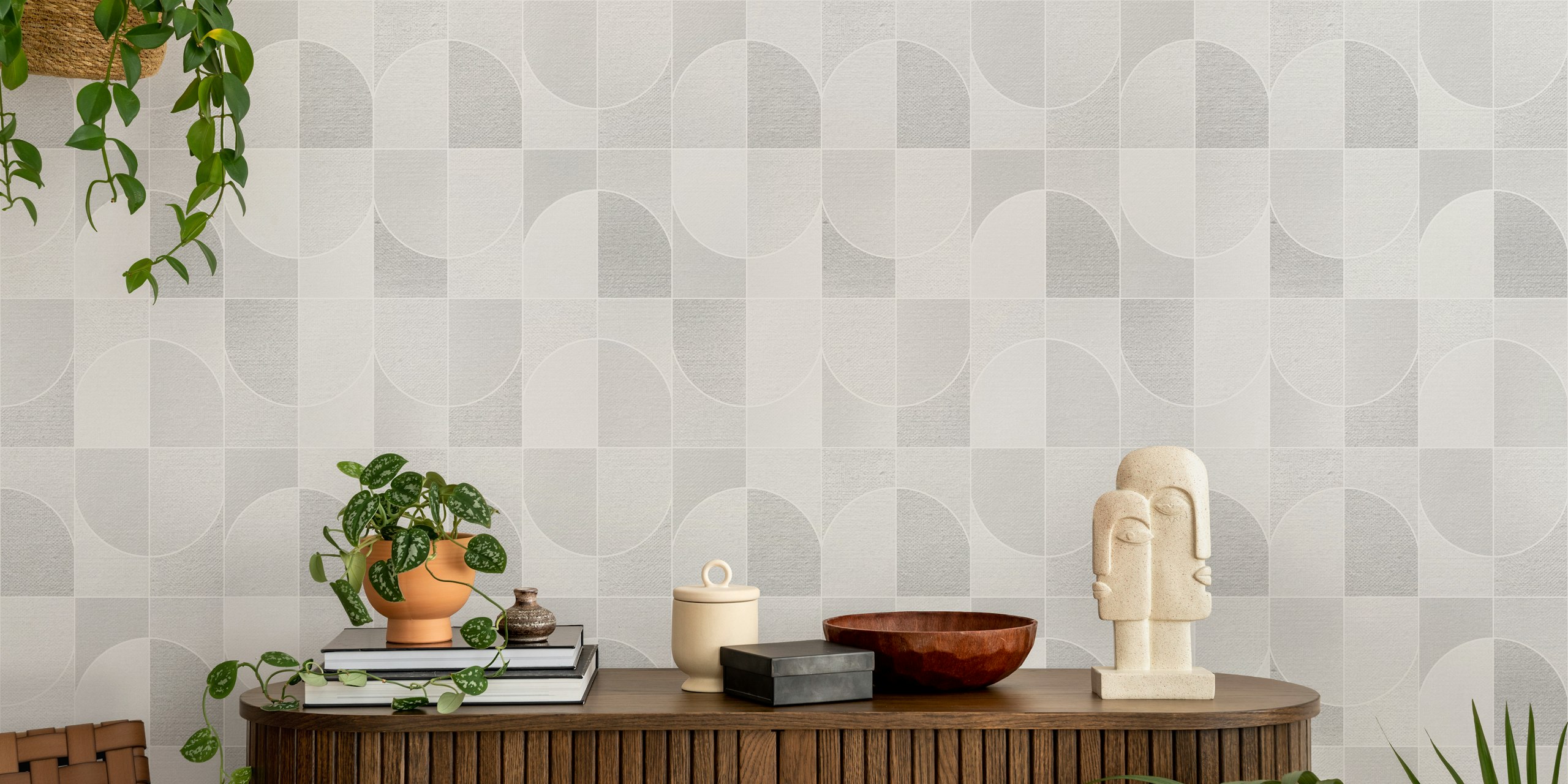 Canvas Geo Tiles Grey tapet i ett rum