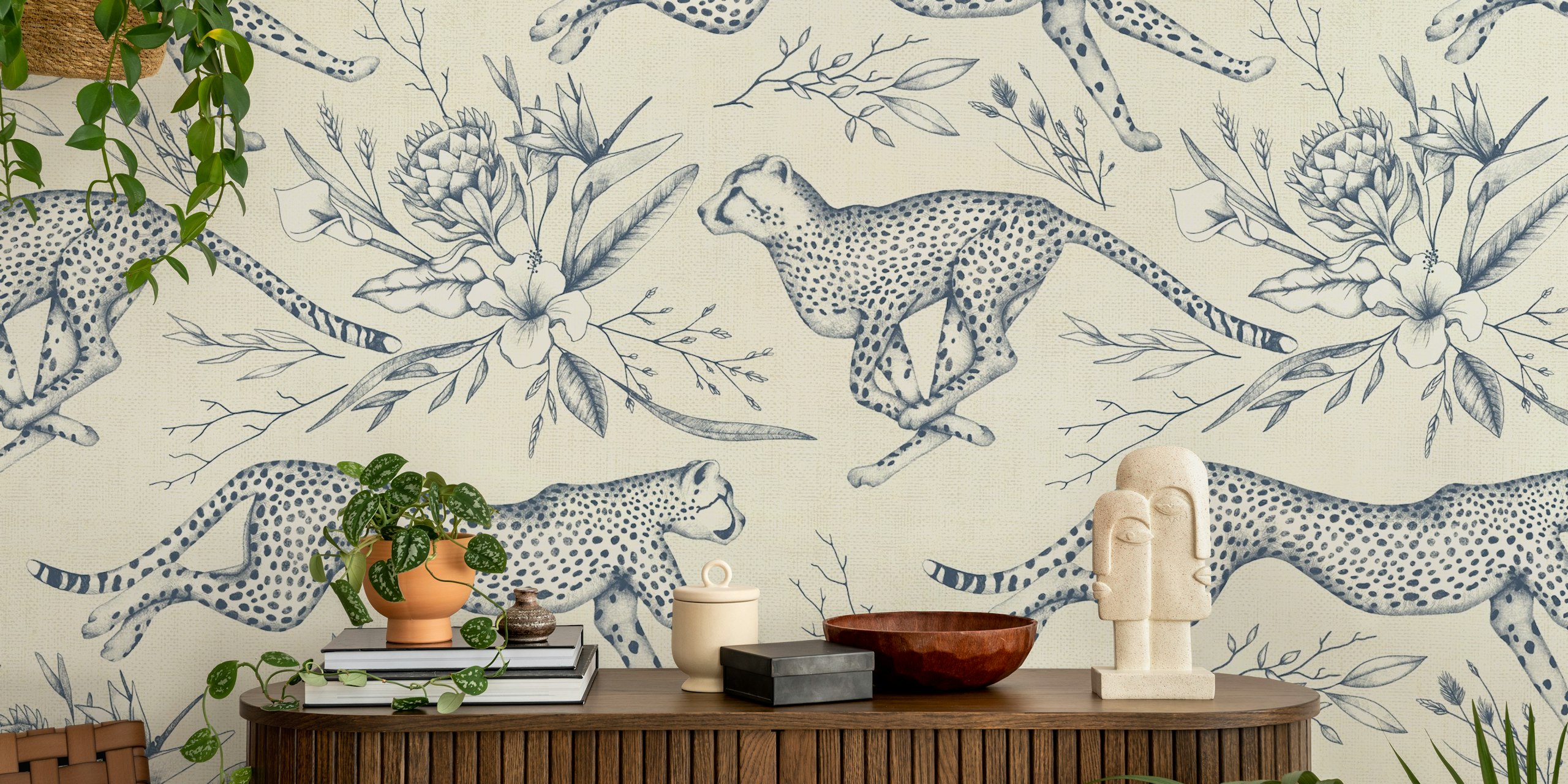 Safari Cheetah Toile wallpaper in a room