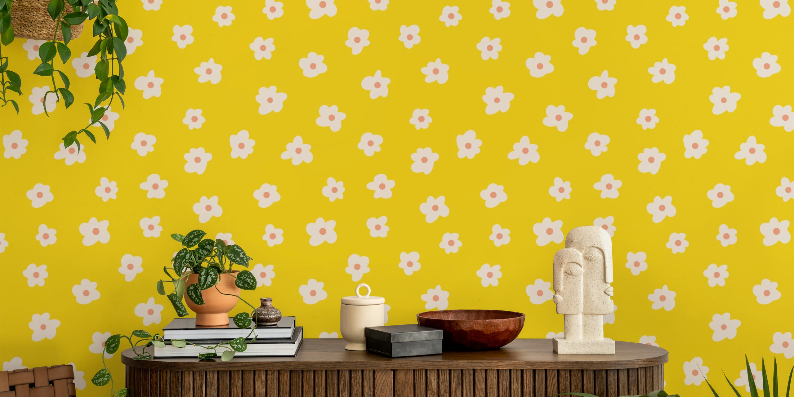Wallpaper with soft flowers on yellow background