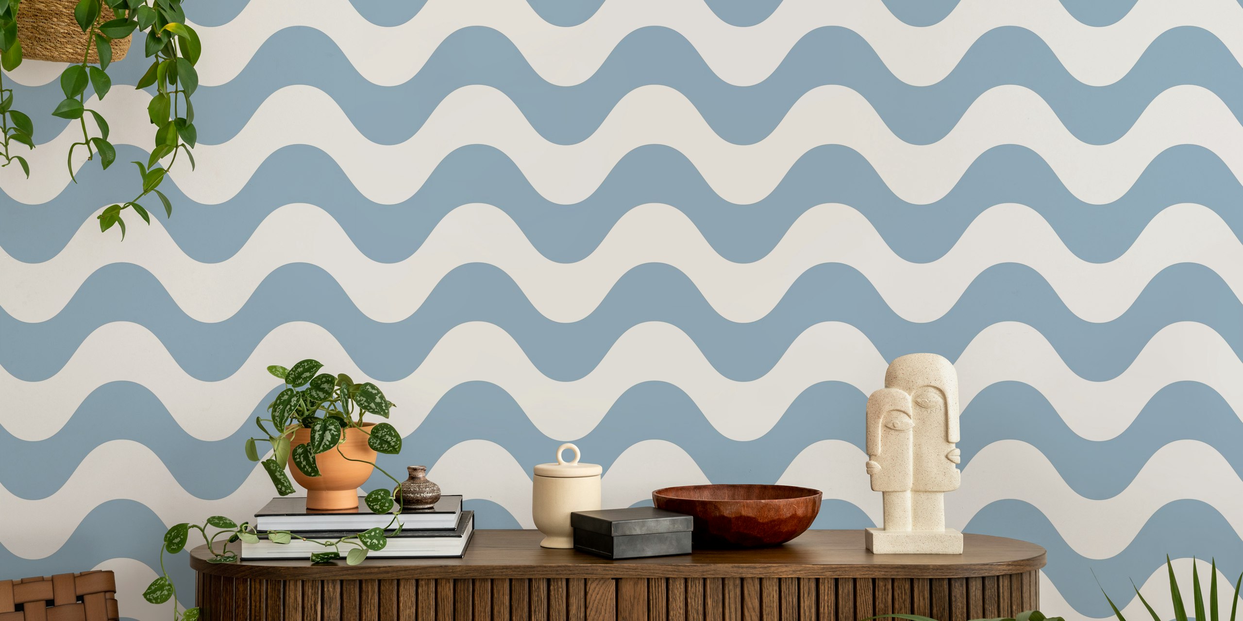 Blue wavy stripes pattern wallpaper