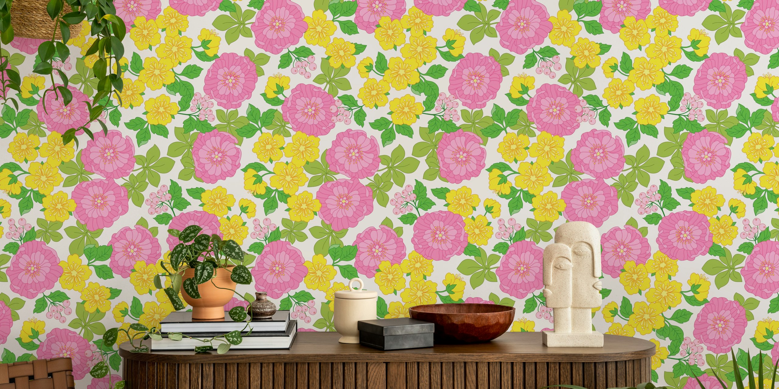 Tapeta kwiatowa z różowymi i żółtymi kwiatami