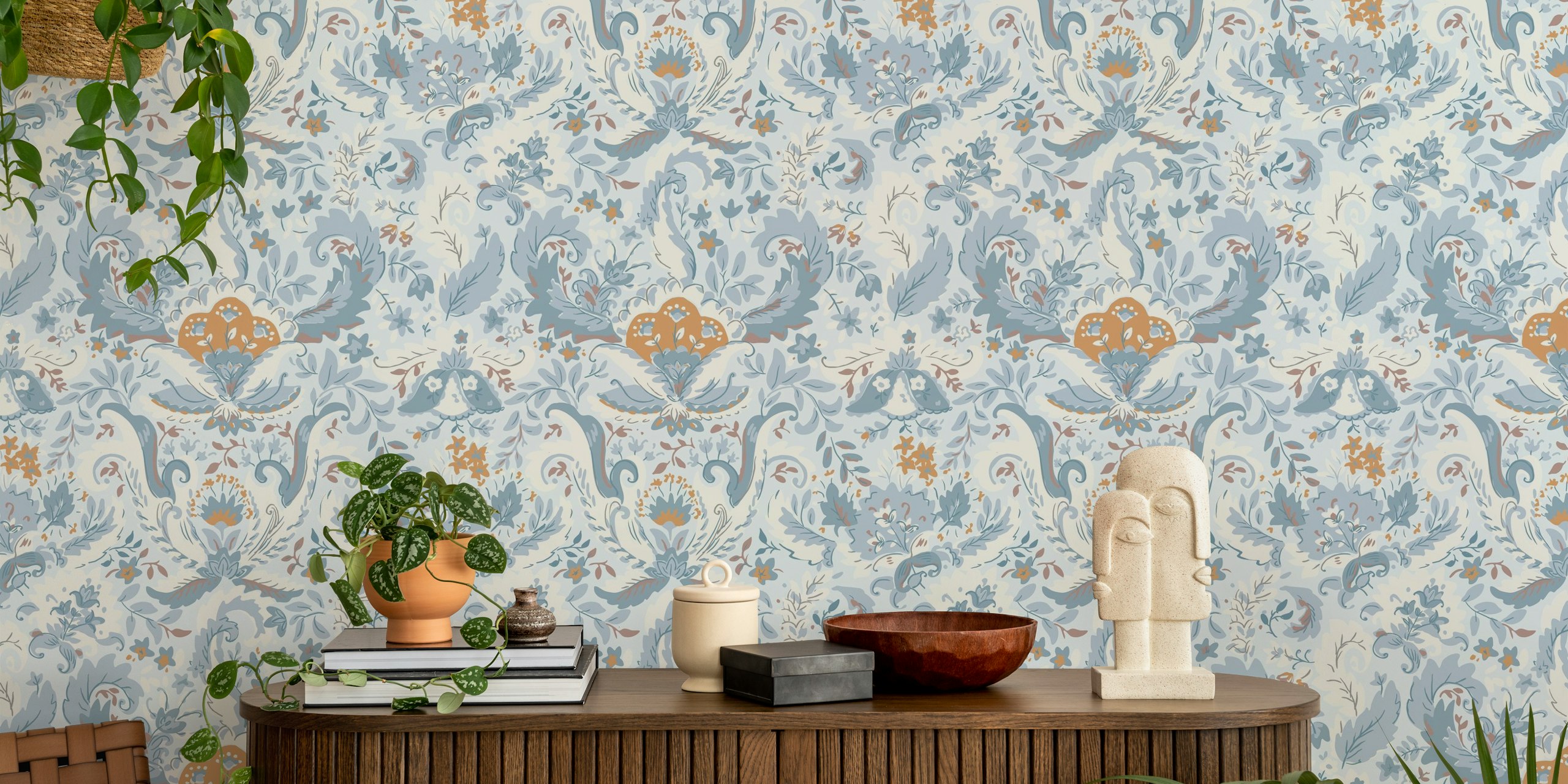 Floral patterns in soft blue and yellow on a light background wallpaper