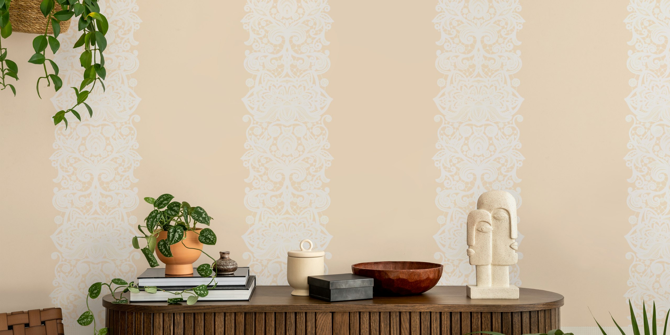Ταπετσαρία White Lace Stripes σε ροδακινί φόντο