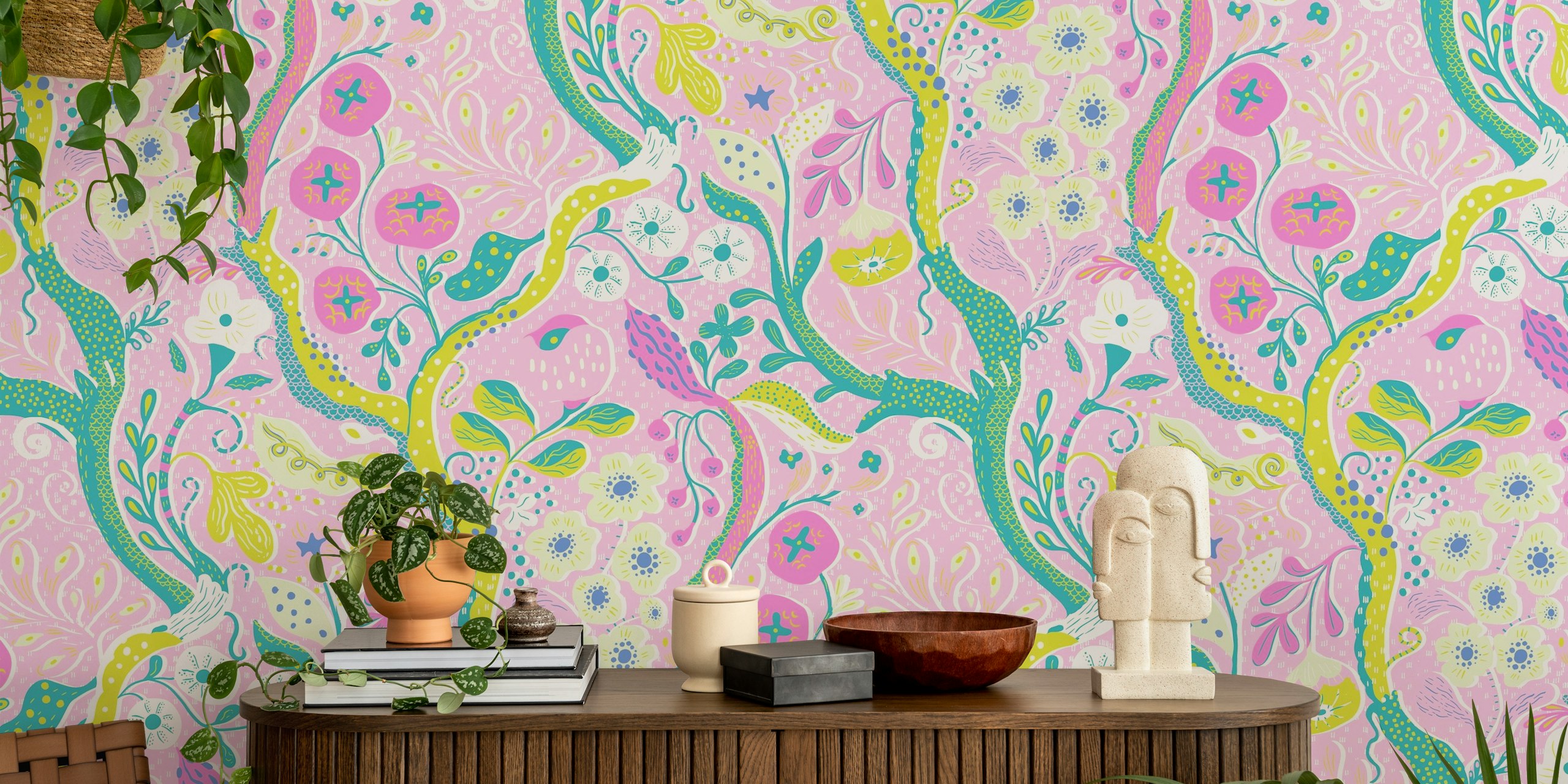 Whimsical kitschy floral garden wallpaper in a room.
