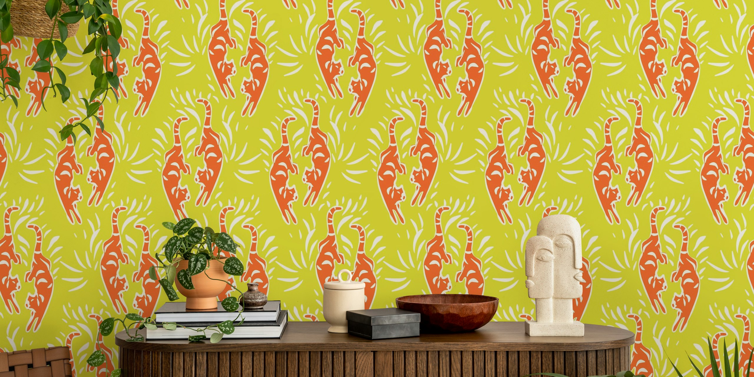 Papel tapiz Kitschy Red Tigers en una habitación