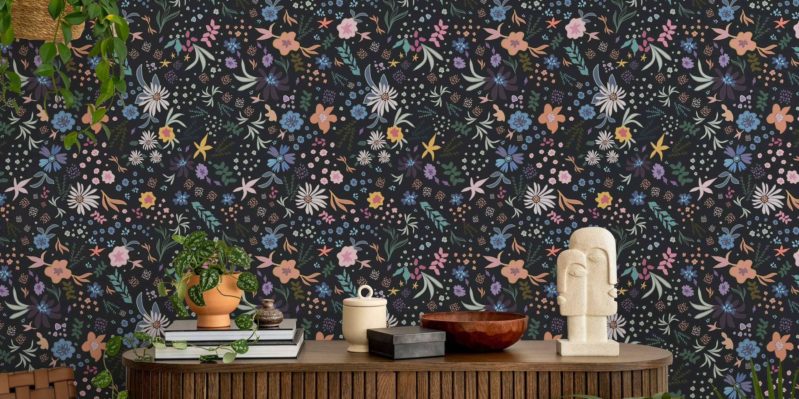 Fairy floral pattern dark wallpaper in a room