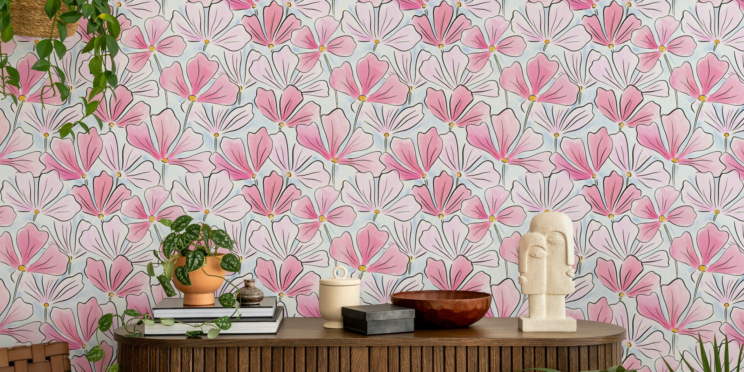 Watercolour Cherry Blossom Bliss wallpaper in a room