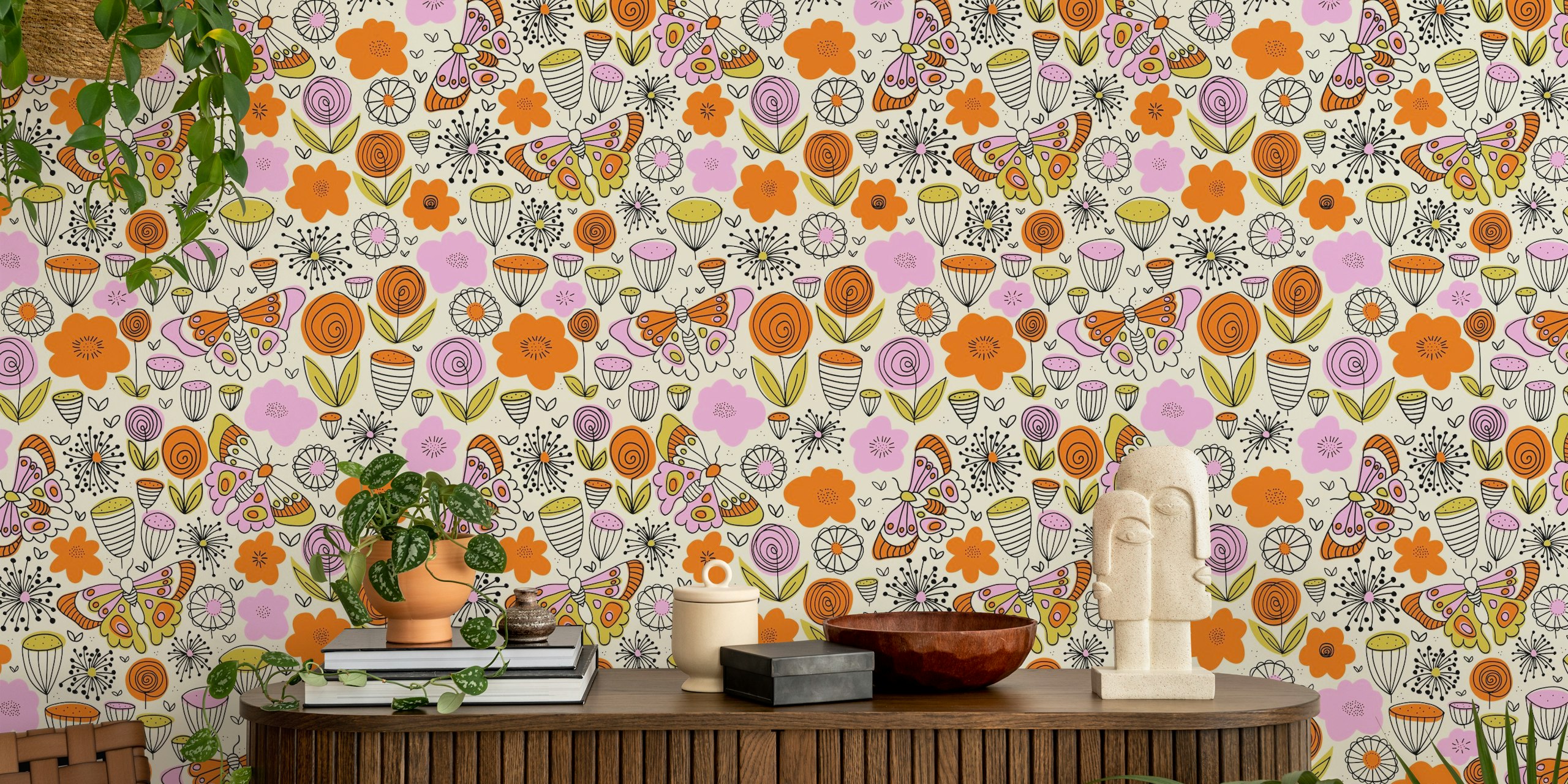 Tapet med Butterflies in the Garden Doodle Line Art