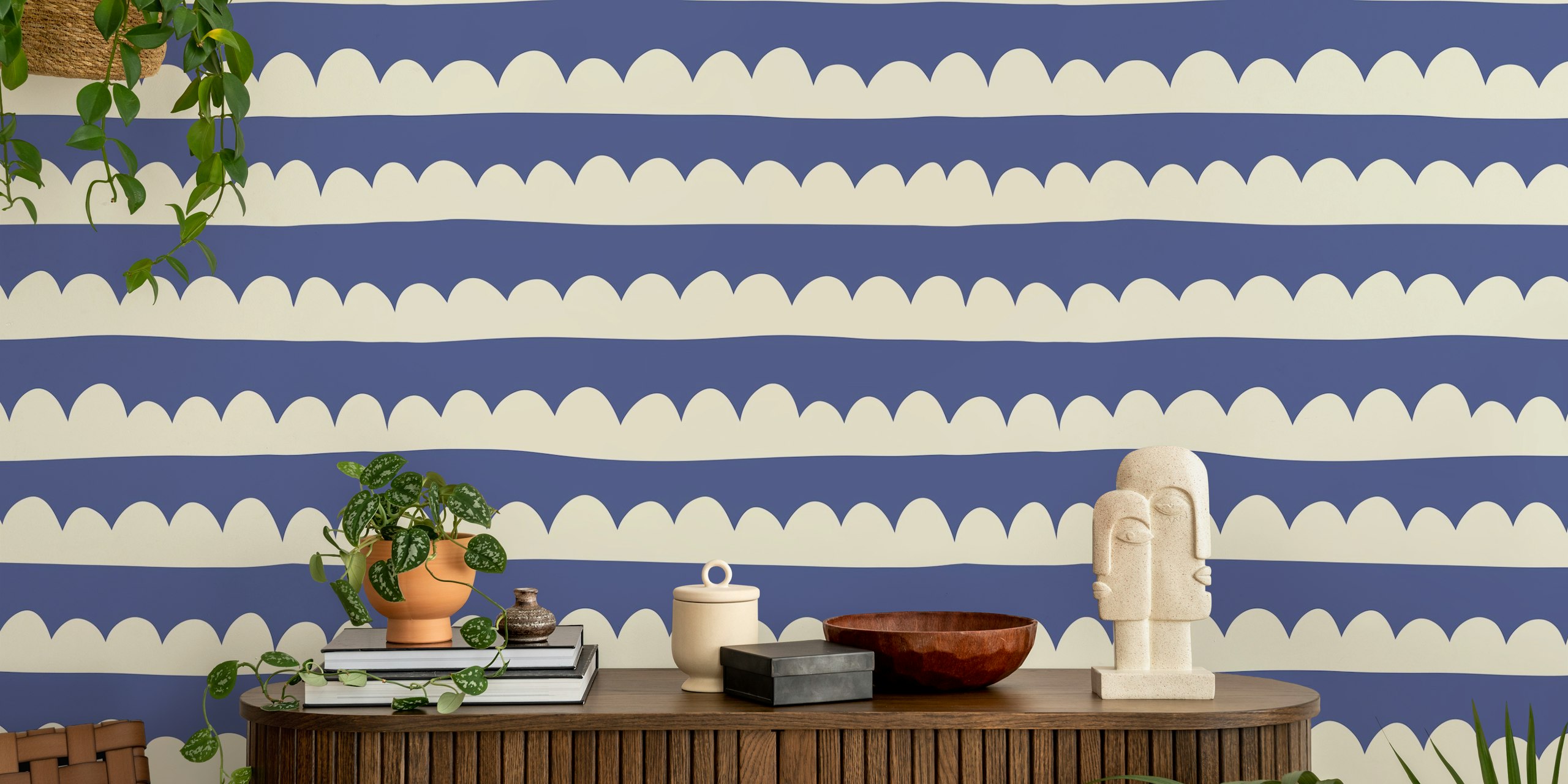 Blue and white scallop edge stripes wallpaper