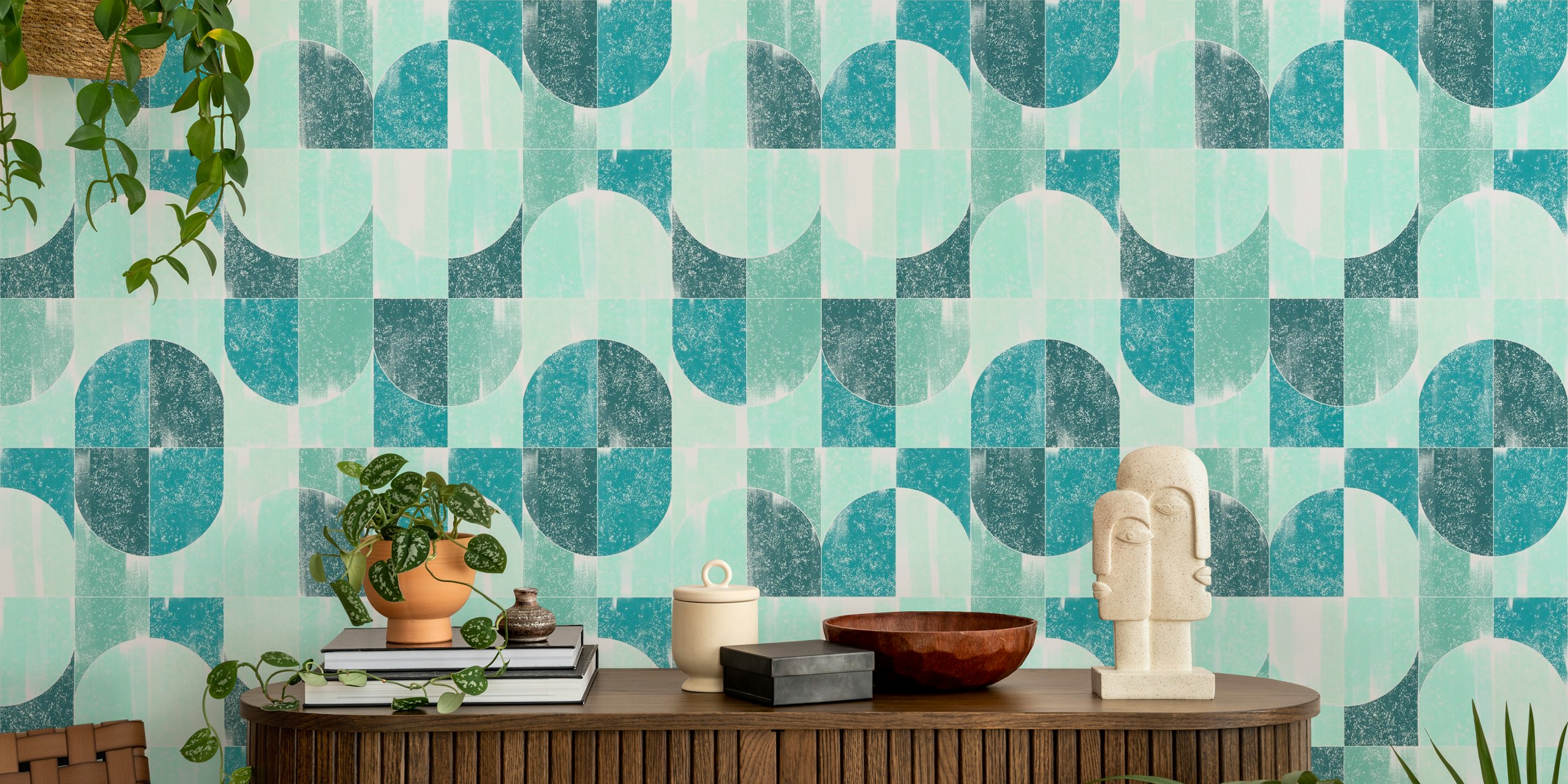 Geometric blue and teal patterns in a sponge painting style wallpaper