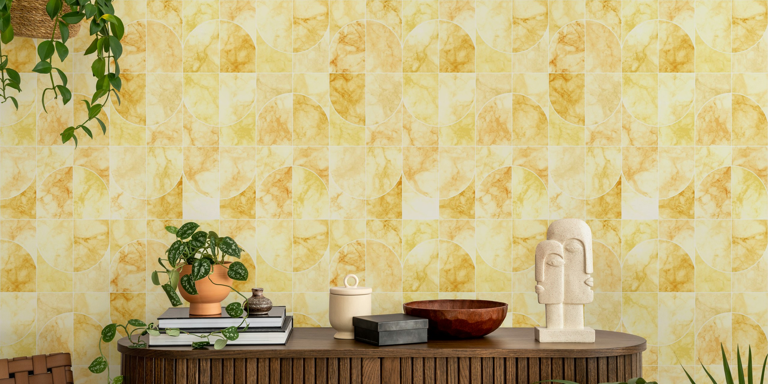Geometric marble pattern in yellow and beige tones wallpaper