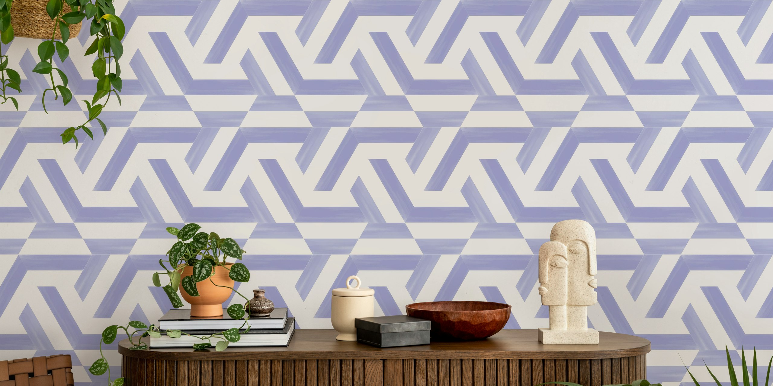 Playful Hexagon Lilac Tiles tapetti huoneessa