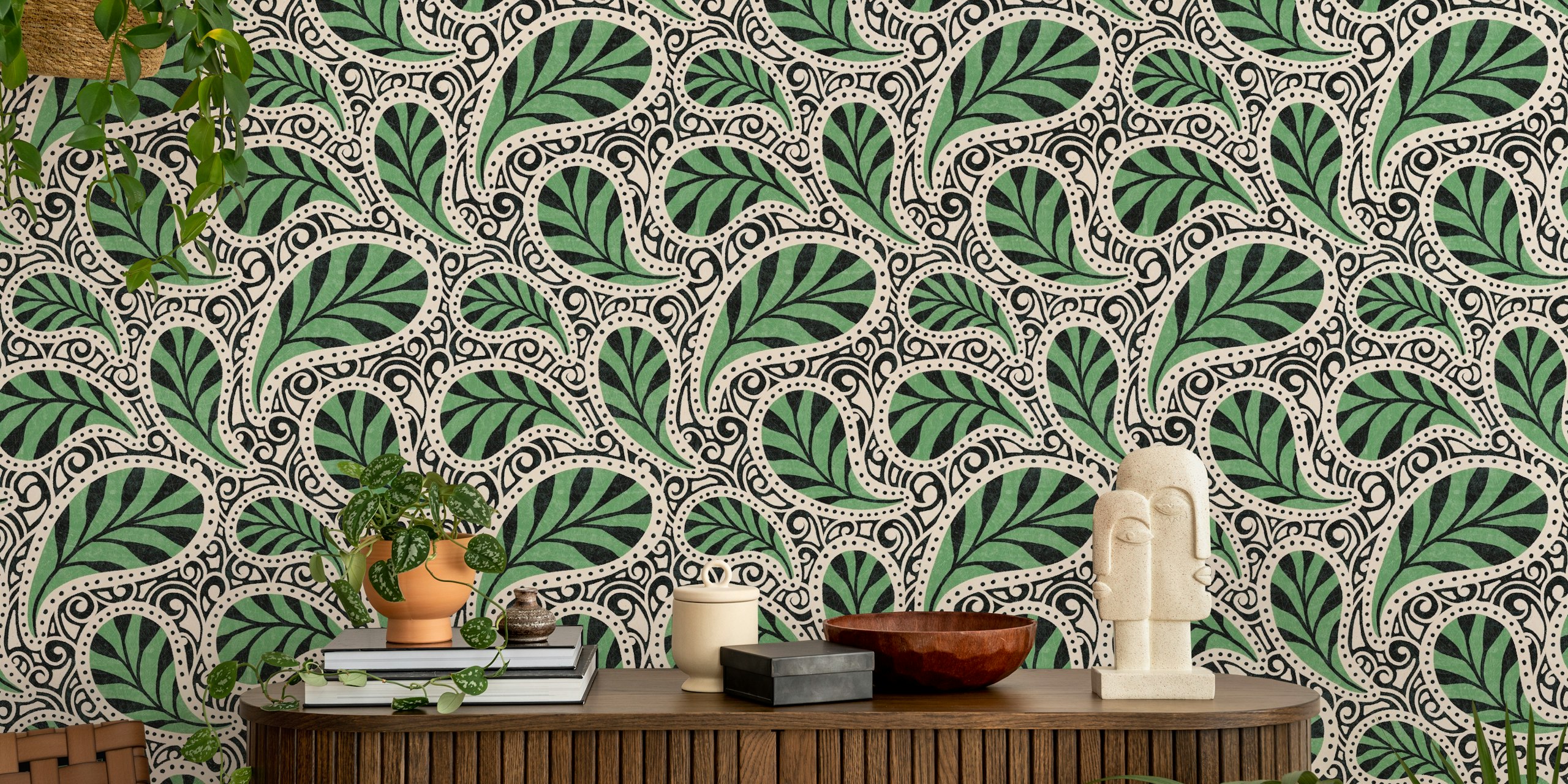 Leaf pattern in green and white, floral wallpaper